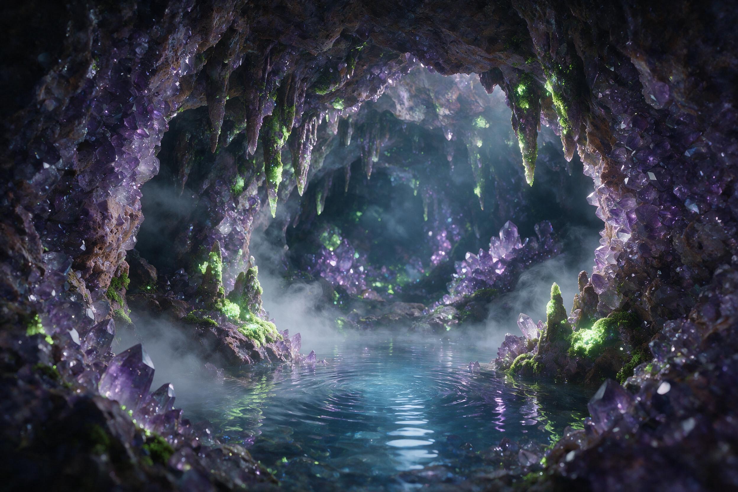 A glowing crystal cavern deep underground, bioluminescent moss clinging to jagged amethyst walls, a small pool reflecting soft blue light, mist swirling, gentle water ripples, focus on the cavern depth and glowing crystals, wide angle shot, organic shapes, soft shadows, no harsh artificial light.