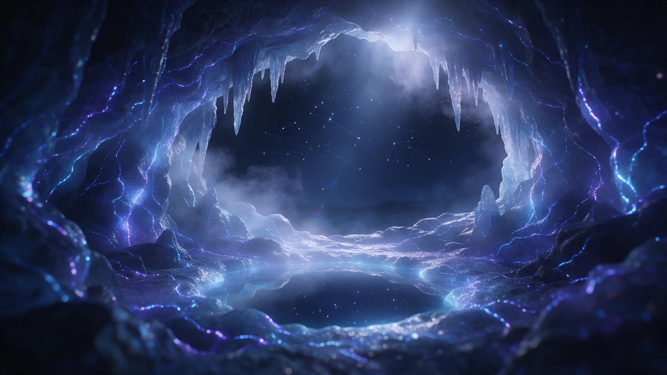 A luminous crystal cave beneath a starry sky, glowing veins of blue and violet light tracing the walls, a small floating pool reflecting the constellations, soft mist curling around stalactites, ethereal, volumetric light from a hidden source above, shallow depth of field, subtle lens flare, dreamli