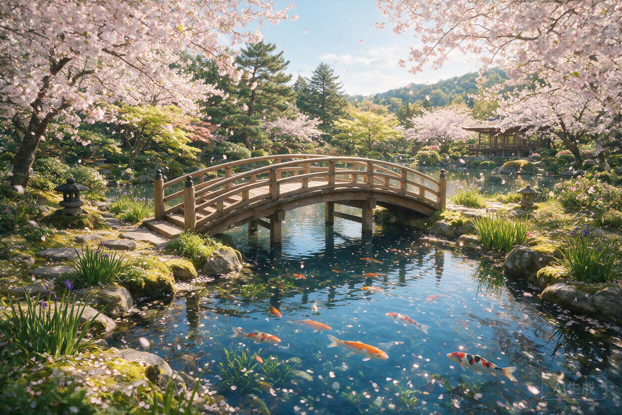Japanese garden in spring, cherry blossoms falling, koi fish in a pond, traditional wooden bridge, soft sunlight filtering through trees