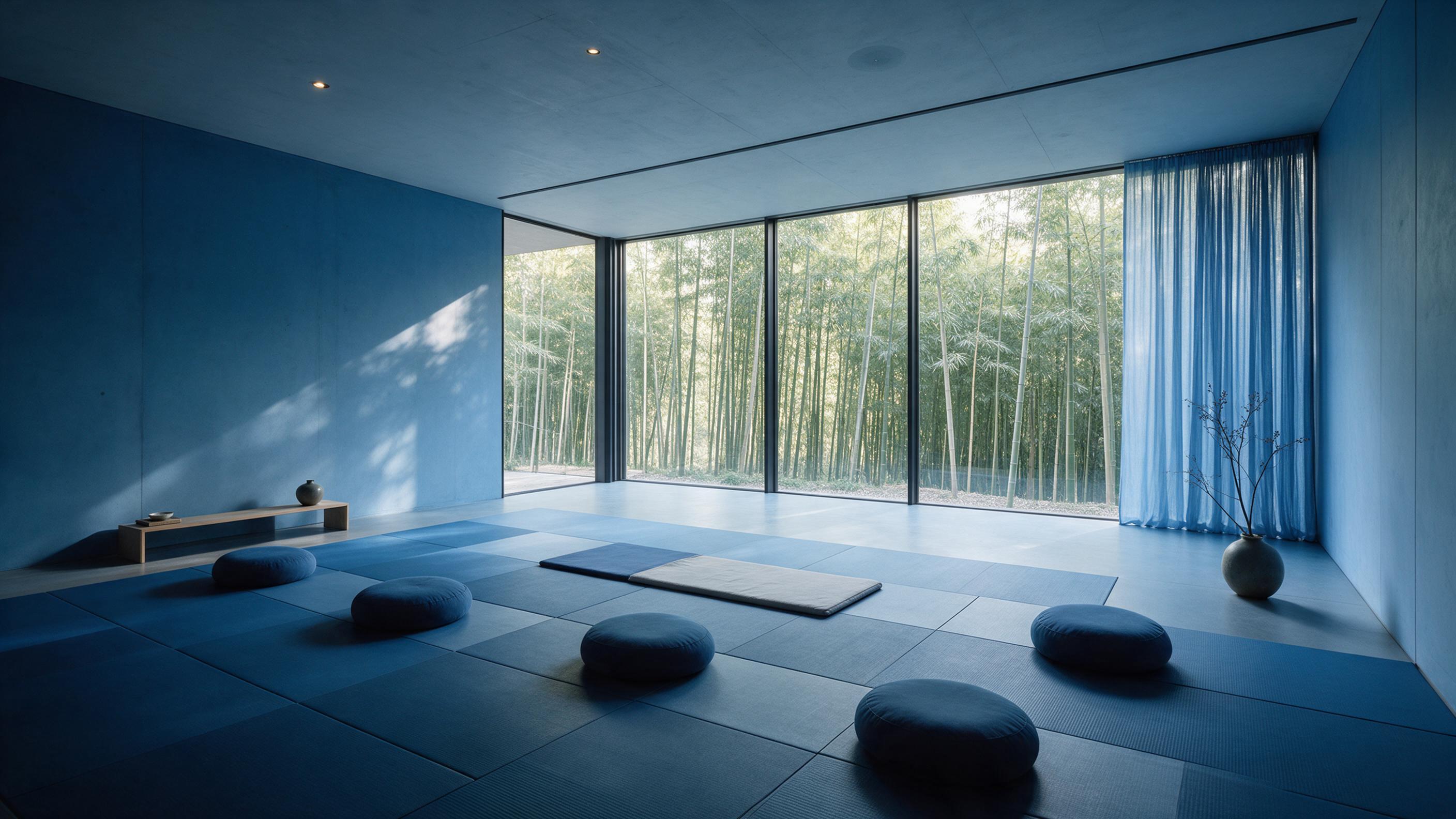 Modern zen meditation space with floor-to-ceiling windows overlooking bamboo forest, minimal design, calm blue tones