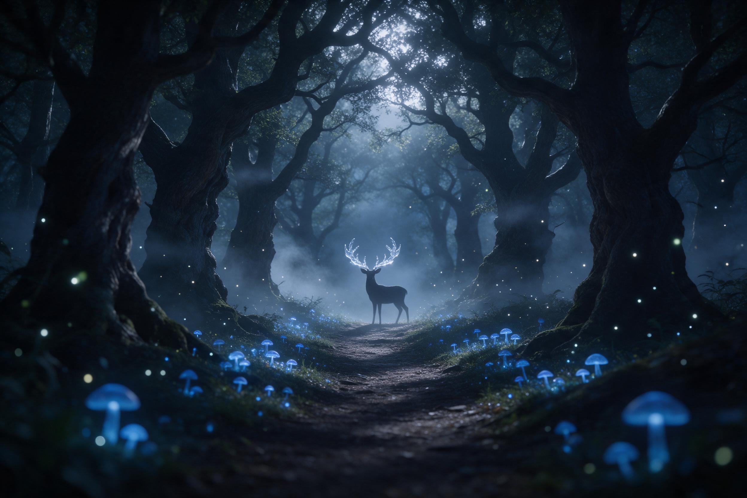 A moonlit forest path with glowing blue mushrooms and fireflies, a silhouette of a deer with antlers made of crystal, mist weaving between ancient gnarled trees, soft silver moonlight filtering through canopy, shallow depth of field, ethereal and dreamy atmosphere