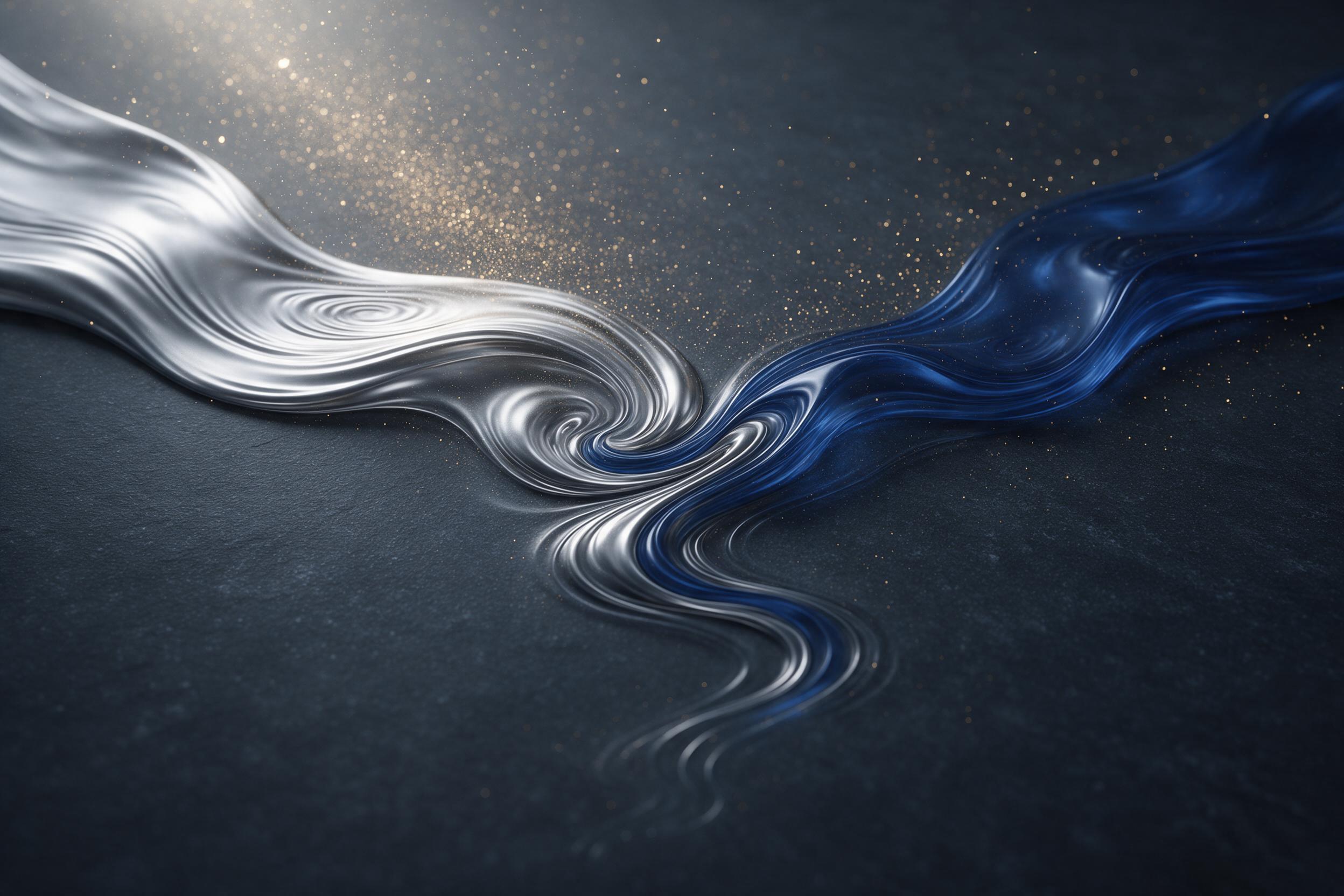 Flowing rivers of molten silver and cobalt blue intersect on a dark slate canvas, forming elegant, sweeping curves; soft diffused light from the upper left catches delicate ripples, while a fine mist of golden particles hovers above, creating depth; minimal composition with negative space in the low