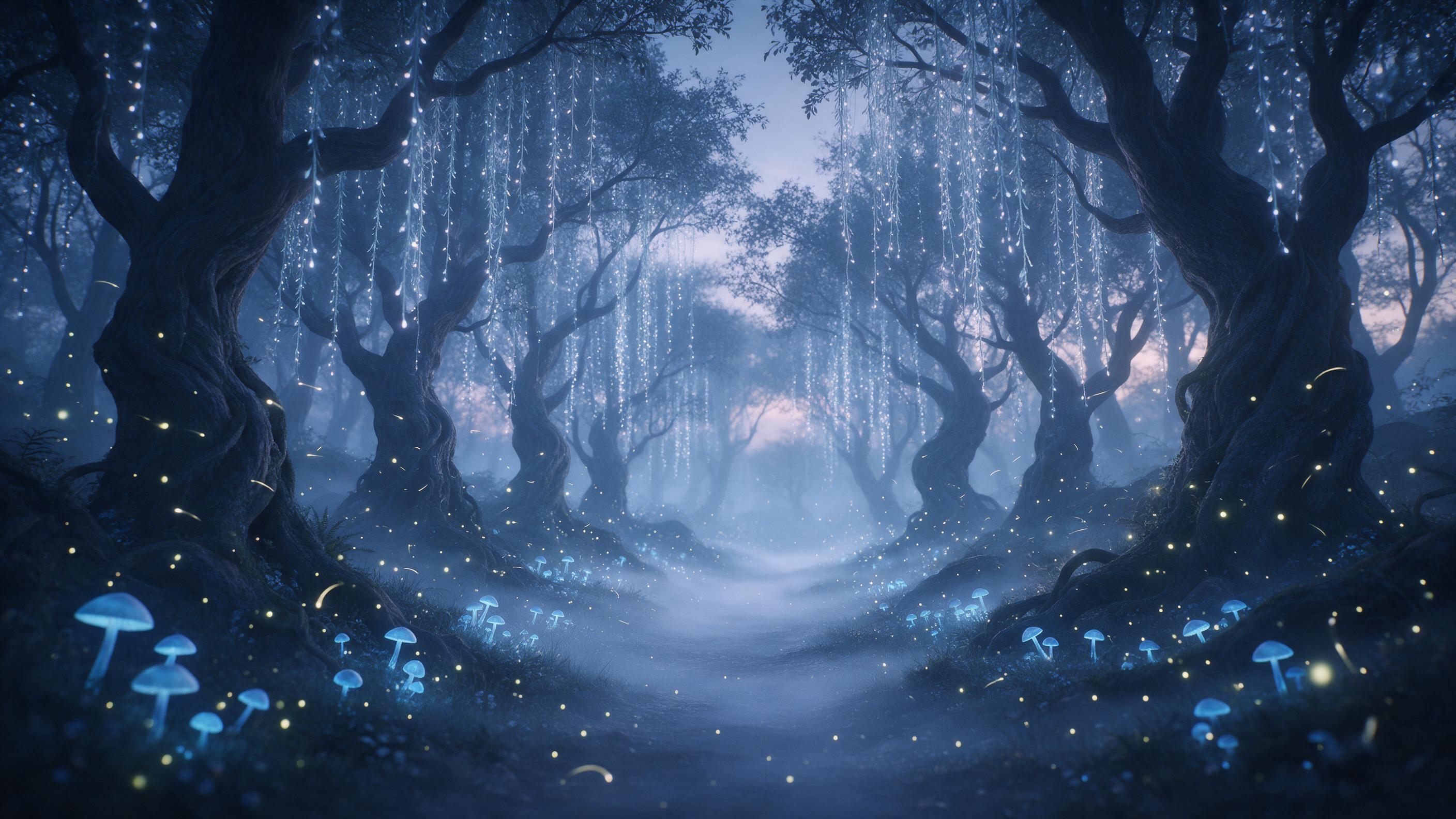 An enchanted forest at twilight, glowing blue mushrooms and hanging vines of soft light, a misty path winding between ancient twisted trees, fireflies sparkling in the air, ethereal silver-blue color palette, long exposure creating gentle light trails from the fireflies, dreamlike atmosphere, slight