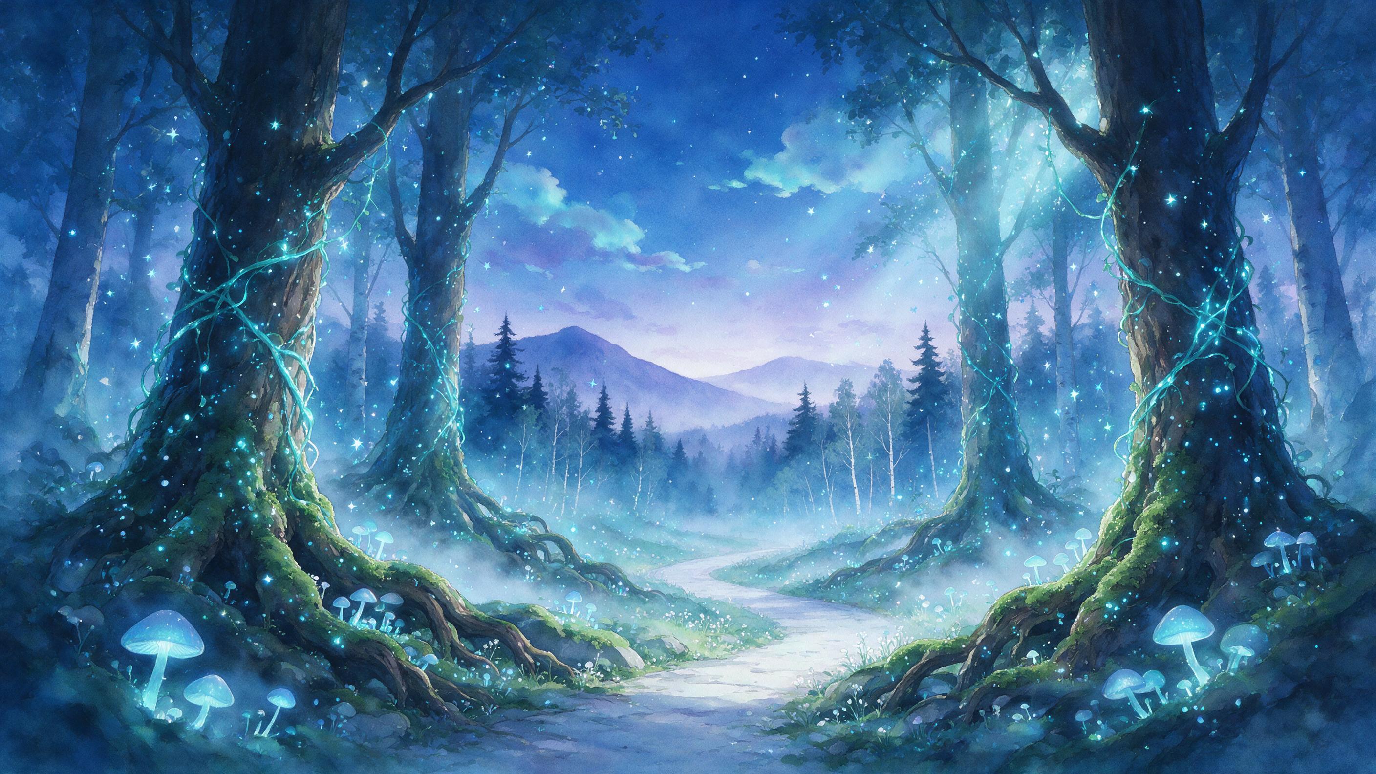 A bioluminescent forest at twilight, ancient trees with glowing cyan vines, floating spores like tiny stars, a misty path curving between mossy roots, soft blue and purple palette, ethereal light rays breaking through canopy, dreamy atmosphere, gentle depth of field, painted in luminous watercolor s