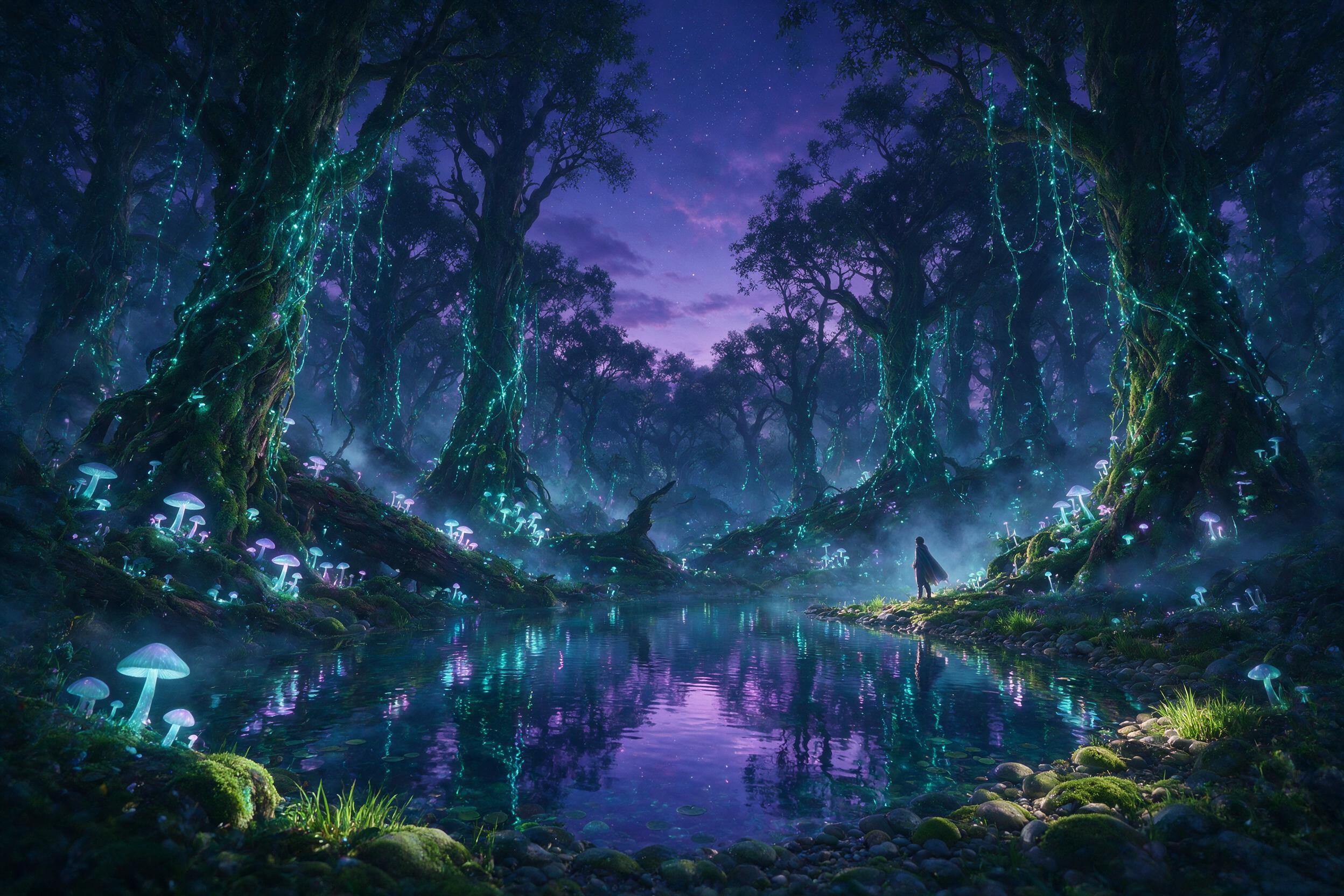 A luminous forest at twilight, glowing mushrooms and vines casting soft teal and violet light, a lone figure in a flowing cloak stands by a crystal-clear pond reflecting the starry sky, mist curling around ancient trees, ethereal and serene.