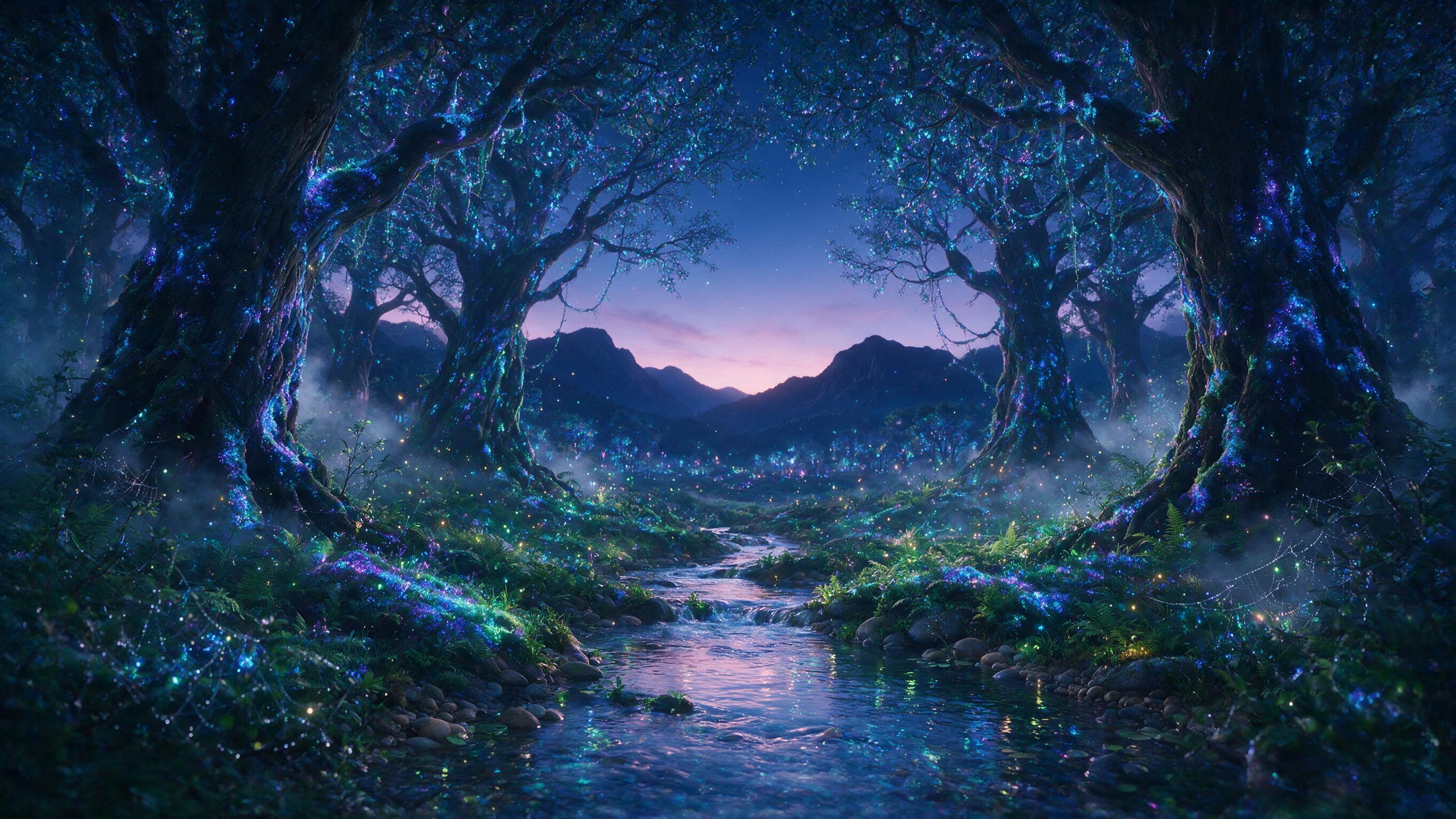 A bioluminescent forest at twilight, massive ancient trees with glowing blue and purple moss, tiny fairy lights drifting between ferns, a clear stream reflecting the luminous canopy, soft mist curling around roots, distant mountains silhouetted against a deep indigo sky, delicate cobwebs beaded with