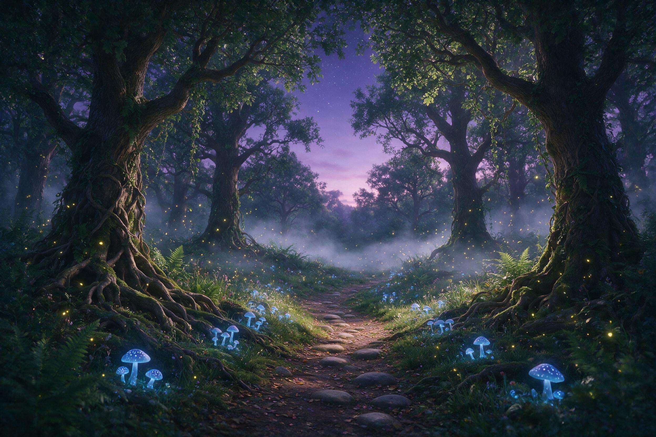 A mystical forest clearing at twilight, glowing blue mushrooms and floating fireflies illuminate a winding path, ancient oak trees with twisted roots, soft mist drifting between trunks, ethereal light filtering through canopy, gentle color palette of deep purples and emerald greens, serene atmospher