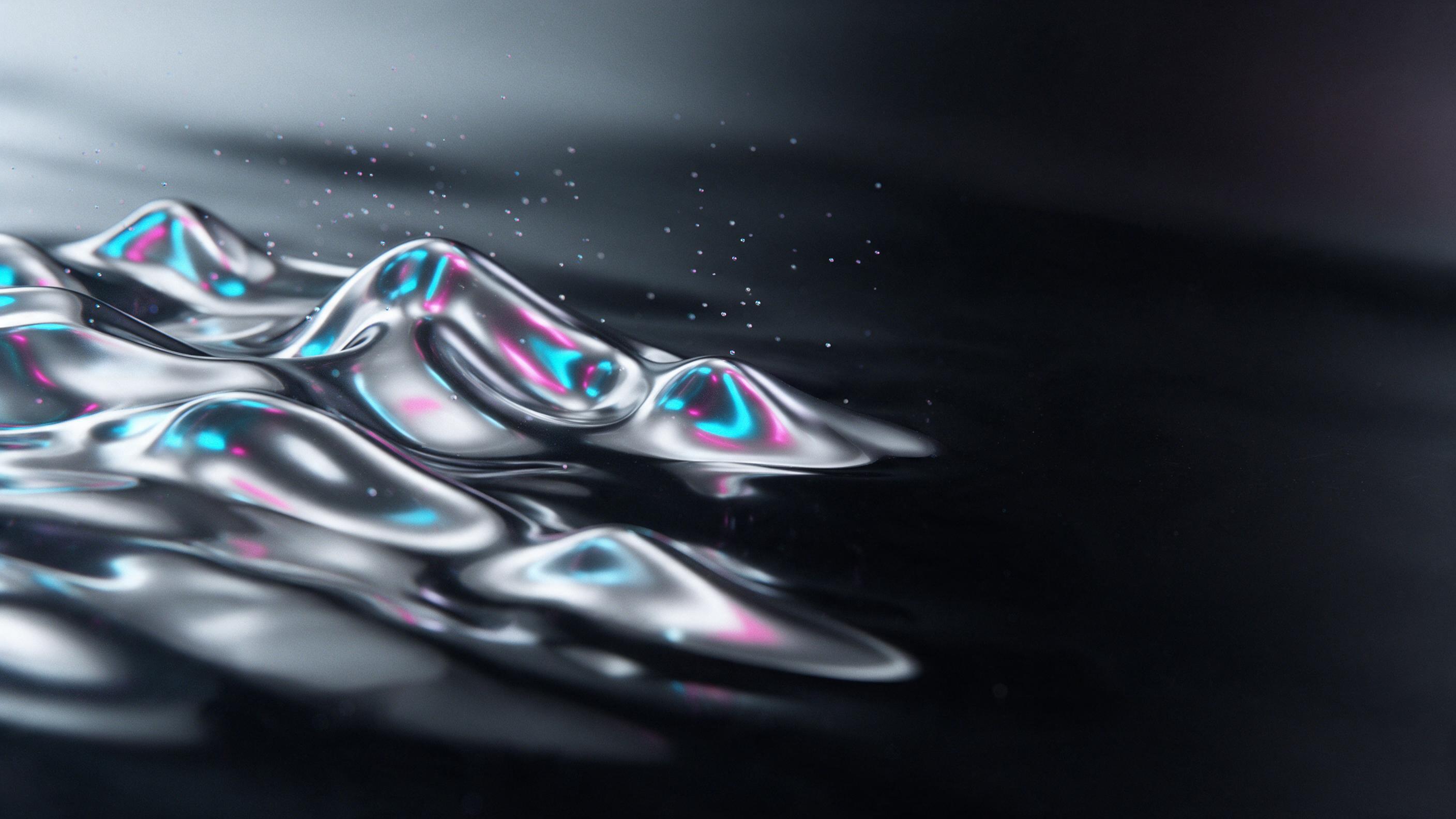 Liquid chrome waves ripple across a dark obsidian surface, reflecting fractured neon cyan and magenta light, with fine iridescent bubbles suspended mid-air, soft gradient blur in the background, cinematic side lighting from the left, subtle grain for texture, minimalist composition with negative spa
