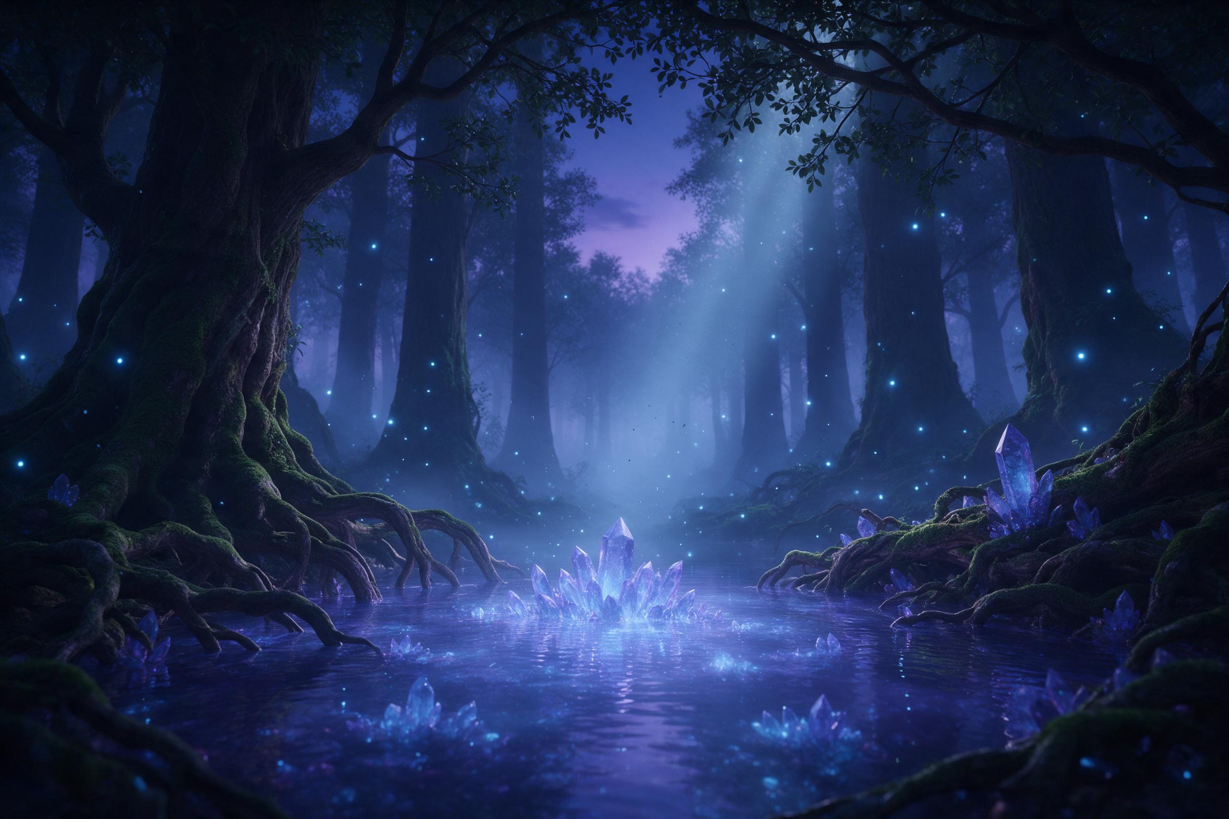 A misty enchanted forest at twilight, ancient trees with gnarled roots winding around a glowing crystal spring, ethereal blue fireflies, soft fog catching scattered moonbeams, gentle water ripples, deep emerald and violet palette, cinematic composition with overhanging branches framing the scene