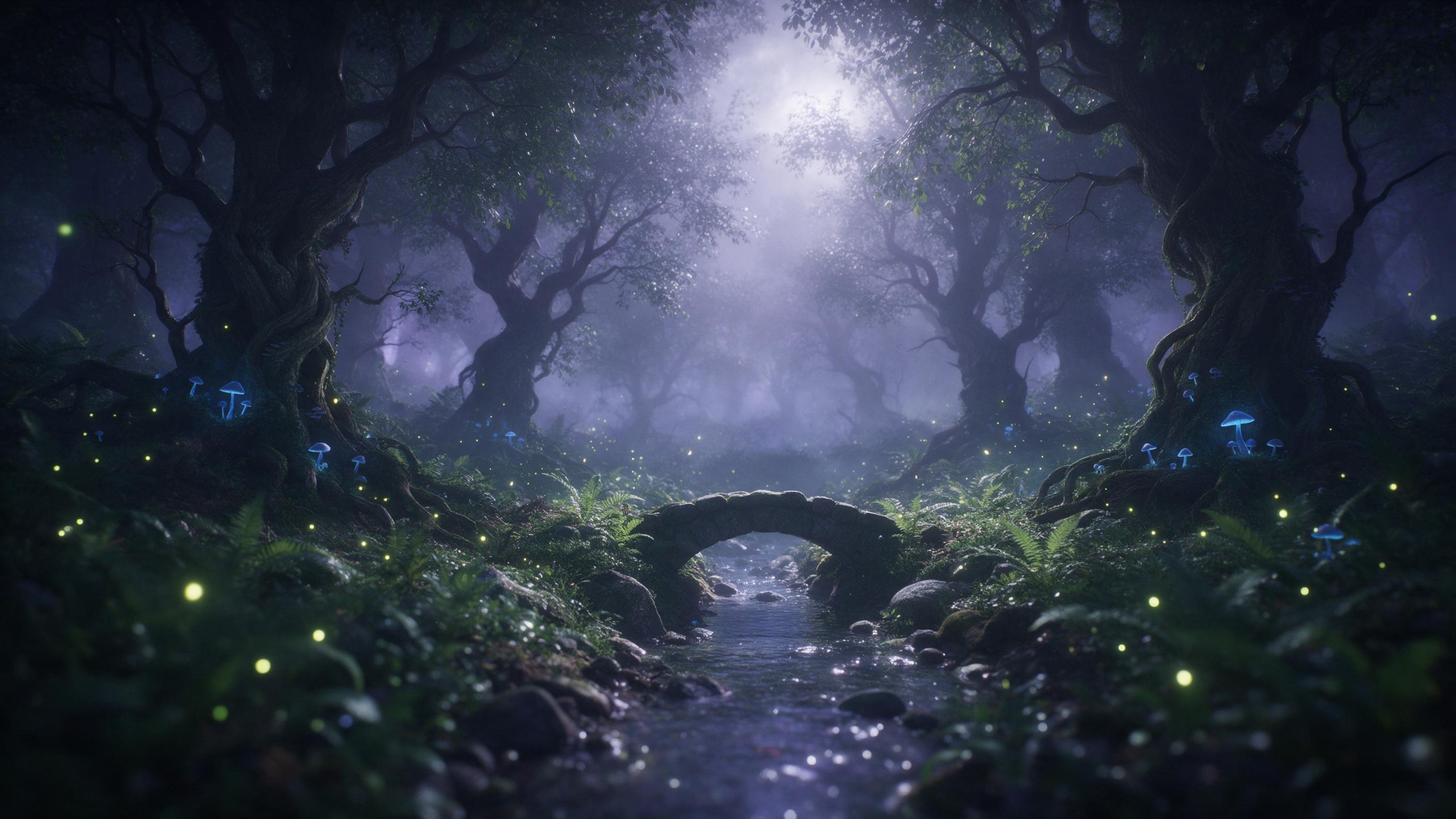 A moonlit enchanted forest, ancient twisted trees with glowing blue mushrooms at their roots, a small stone bridge over a crystal brook, fireflies darting between ferns, cool silver light filtering through mist, deep greens and violets, ethereal atmosphere, soft focus foreground, gentle bokeh on dis