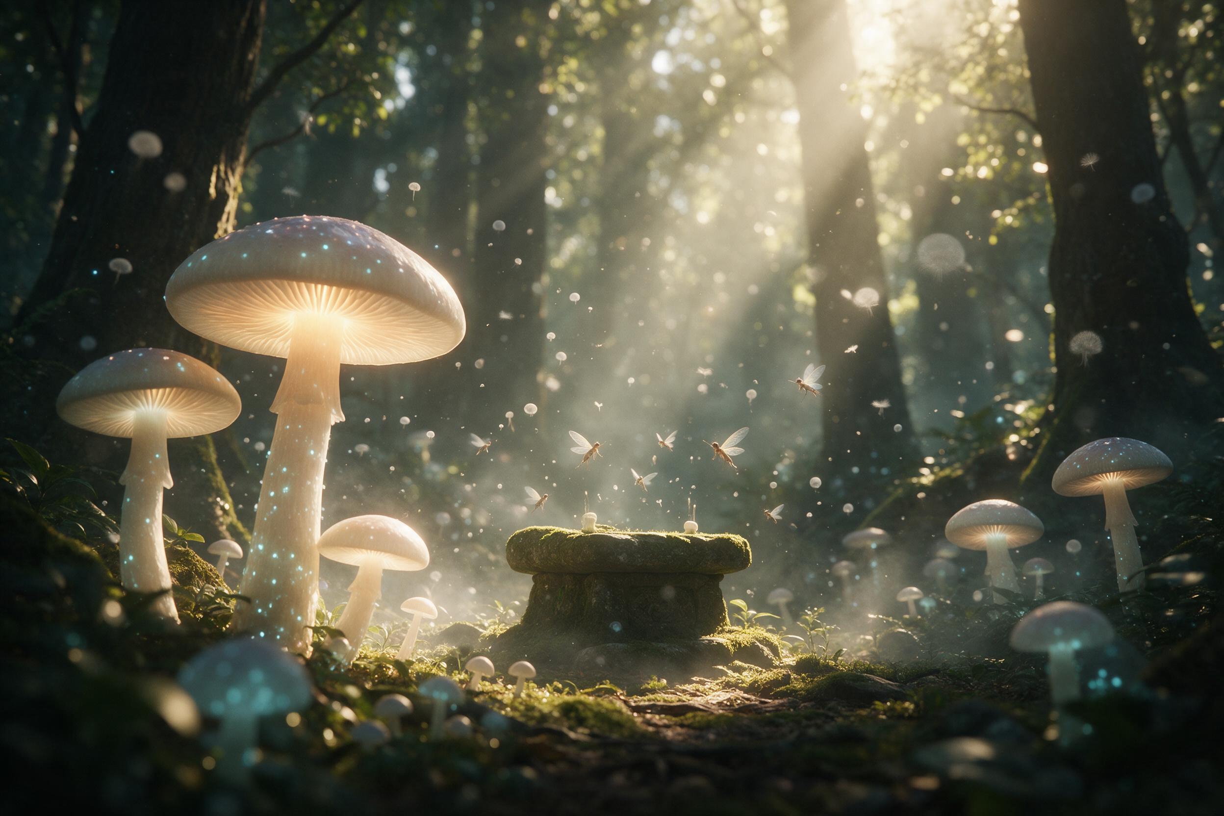 A sunlit ancient forest clearing, giant bioluminescent mushrooms glowing softly, tiny winged creatures with translucent wings hovering near a mossy stone altar, shafts of golden light piercing through canopy, floating spores and mist, shallow depth of field, ethereal atmosphere