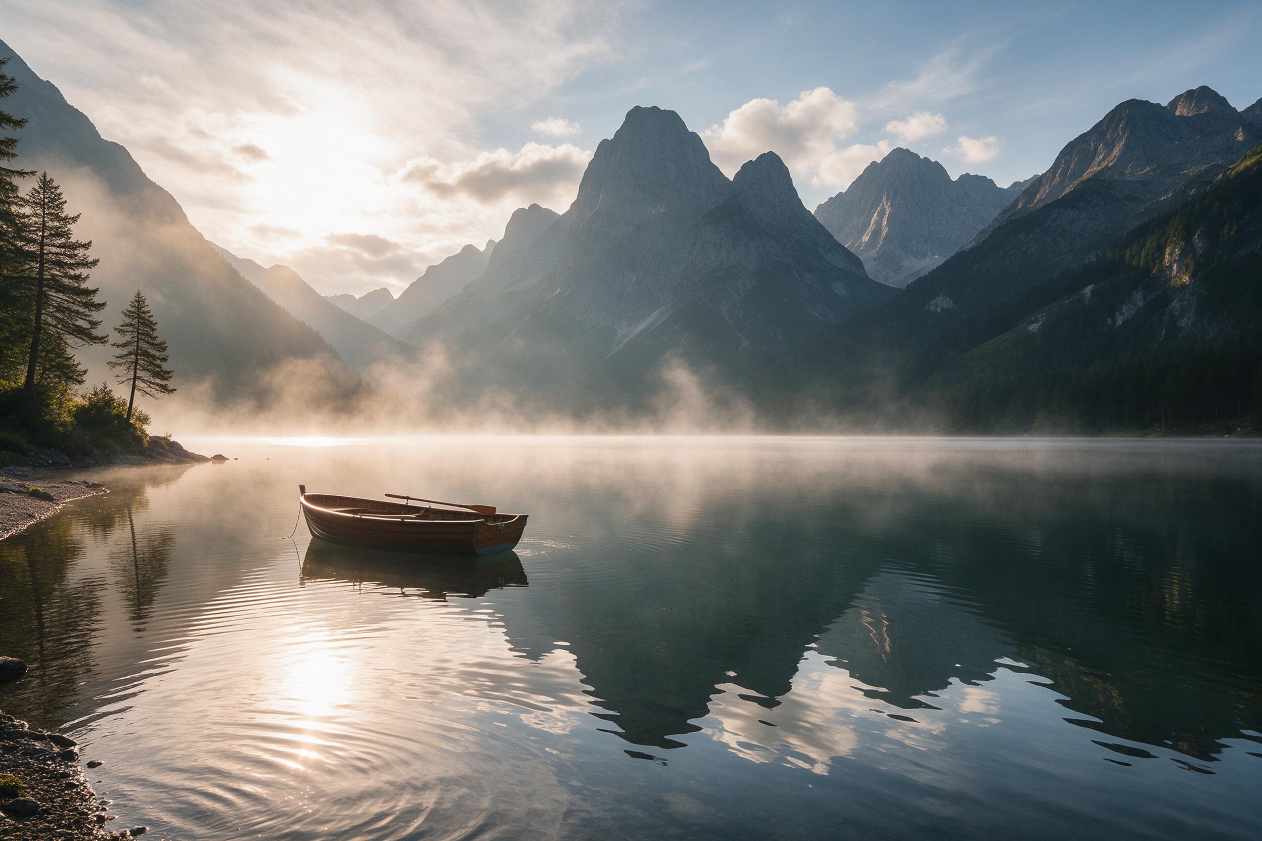 Golden hour at a serene alpine lake, mirrored reflection of towering peaks, a lone wooden rowboat drifting near the shore, soft mist rising from the water, a few scattered pine trees framing the left edge, warm sunlight breaking through wispy clouds, gentle ripples catching the light, natural colors