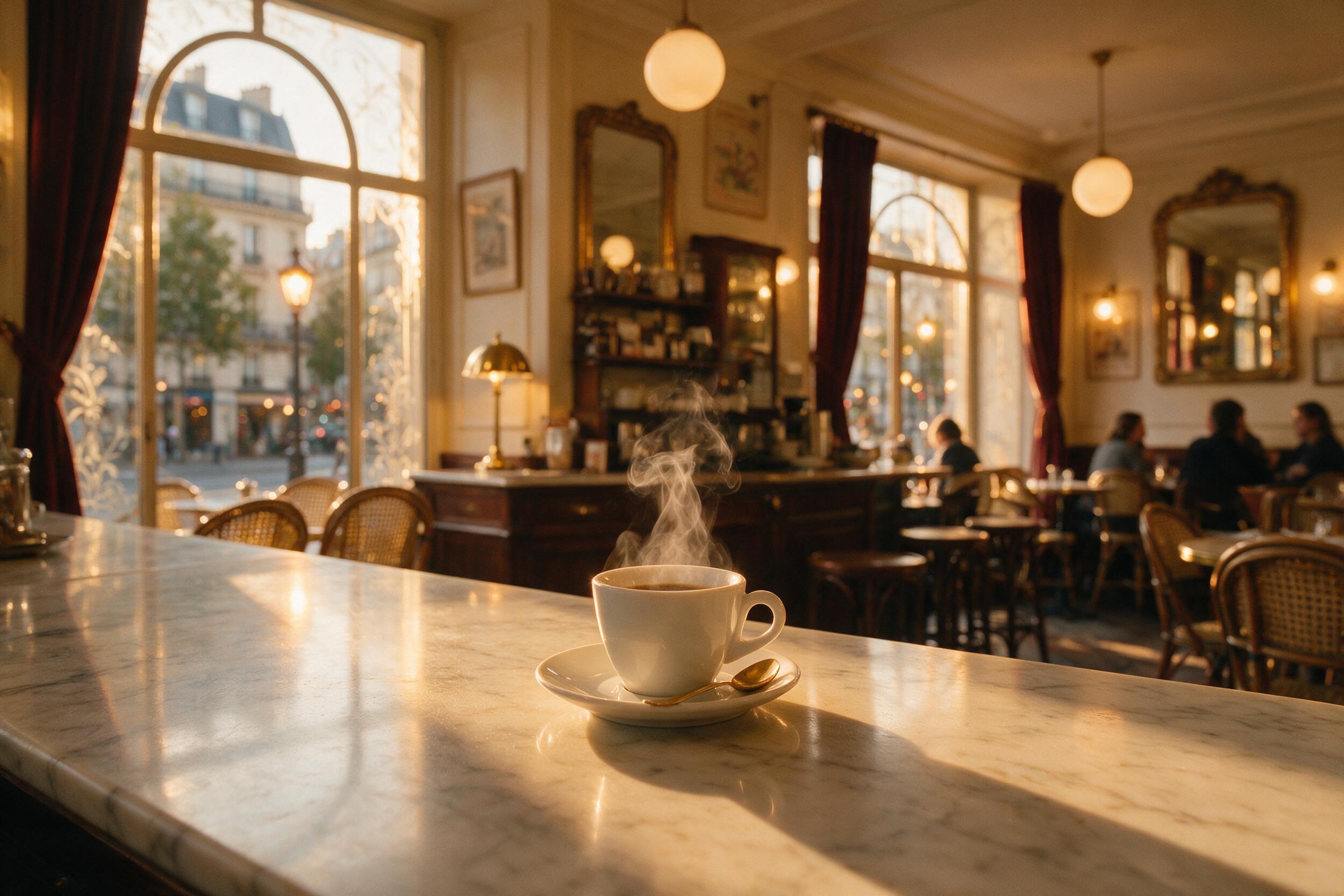 A cozy Parisian café interior at golden hour, warm amber light spilling through large windows onto a marble counter, steam rising from an espresso cup, soft bokeh in the background, slight grain and natural shadows, shot with a 35mm lens at f/2.8.