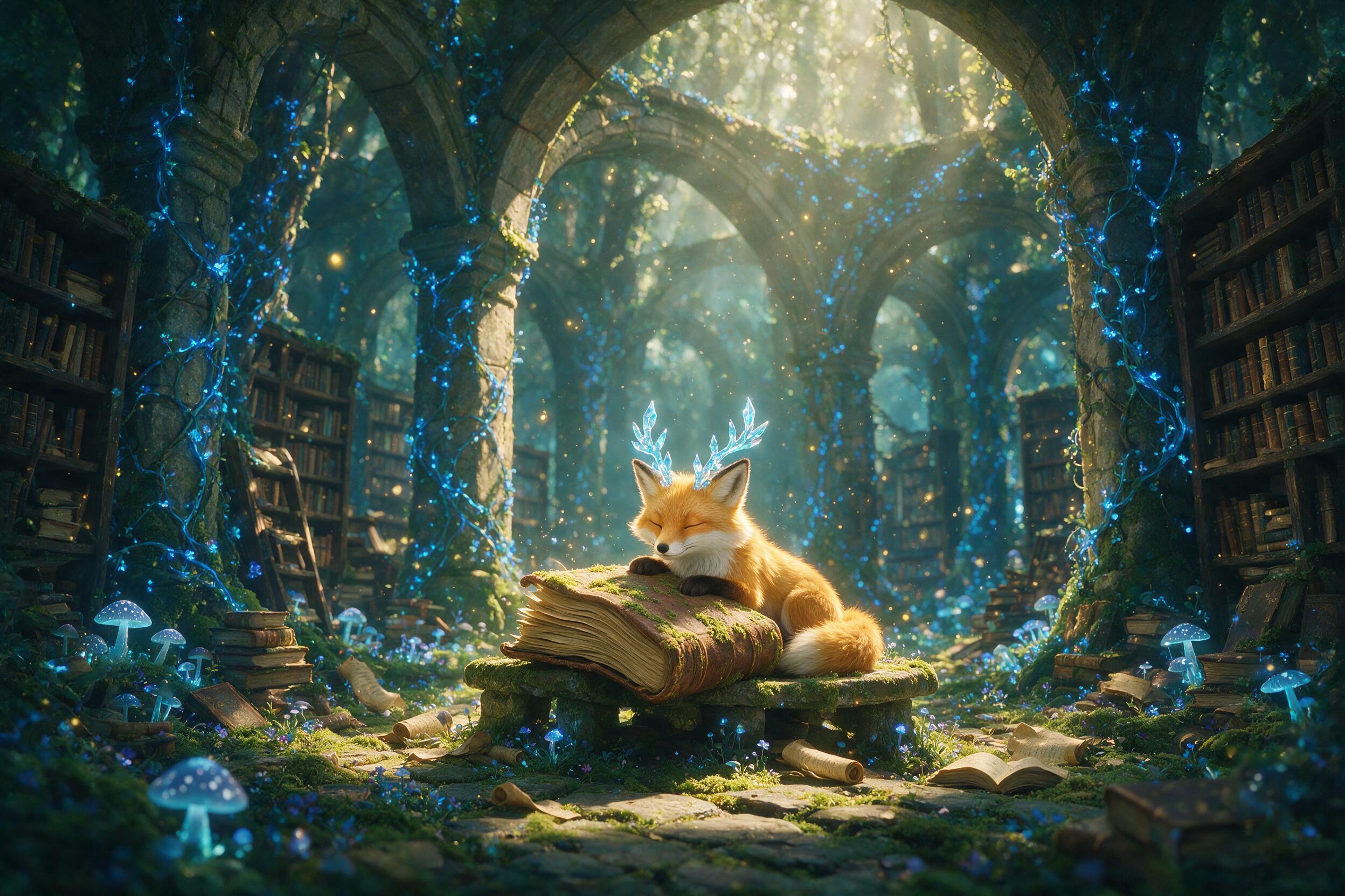 A forgotten ancient library buried in a glowing bioluminescent forest, massive stone arches entwined with luminous blue vines, floating dust particles catching warm golden light rays from a hidden canopy, a small fox with crystalline antlers resting on a moss-covered tome, shallow depth of field, so