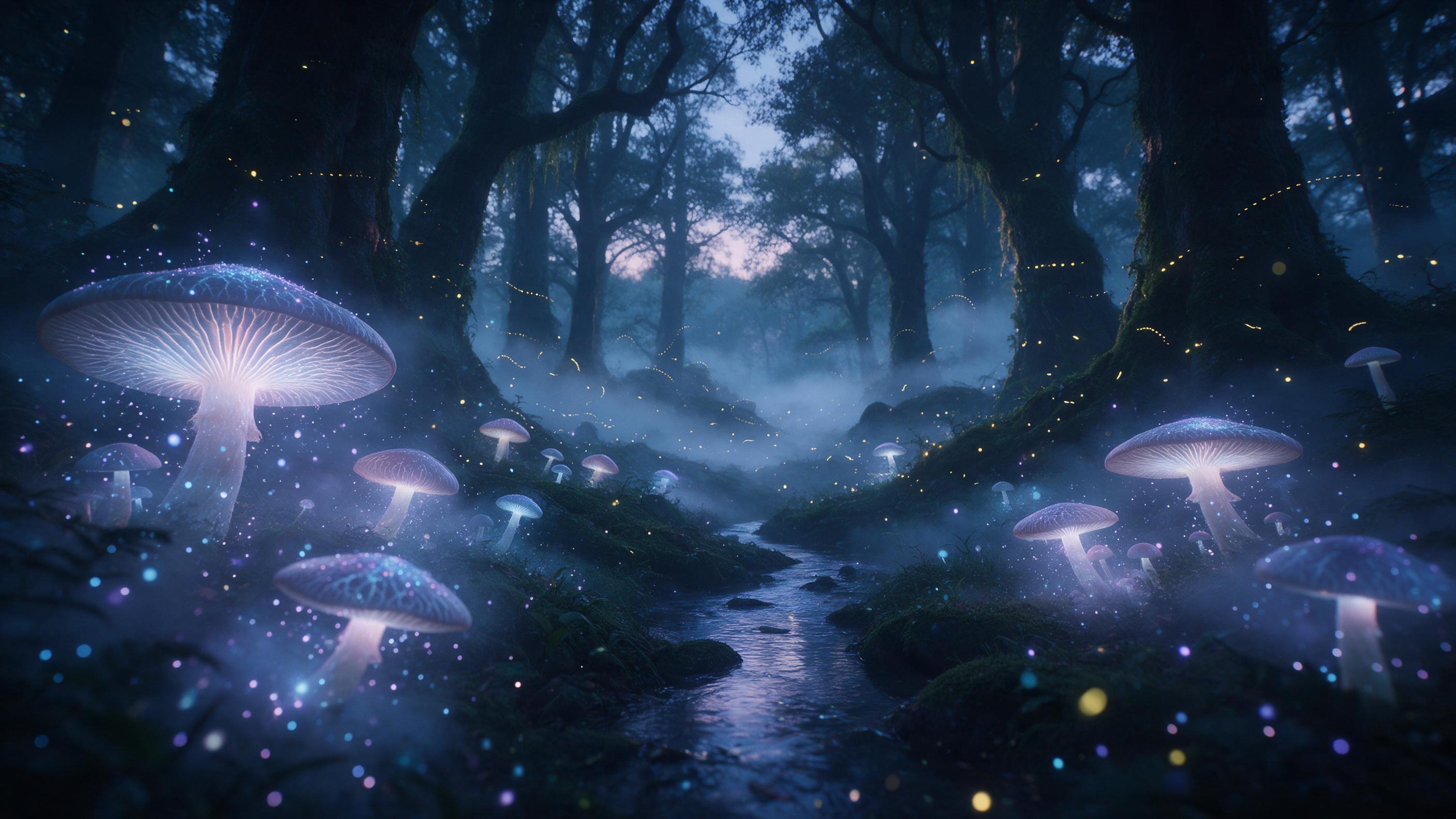 An ethereal glowing forest at twilight, giant luminescent mushrooms with veined caps, floating bioluminescent spores swirling in mist, ancient moss-draped trees, a small winding stream reflecting soft blue and violet light, gentle fog rolling between trunks, fireflies tracing golden trails, cinemati