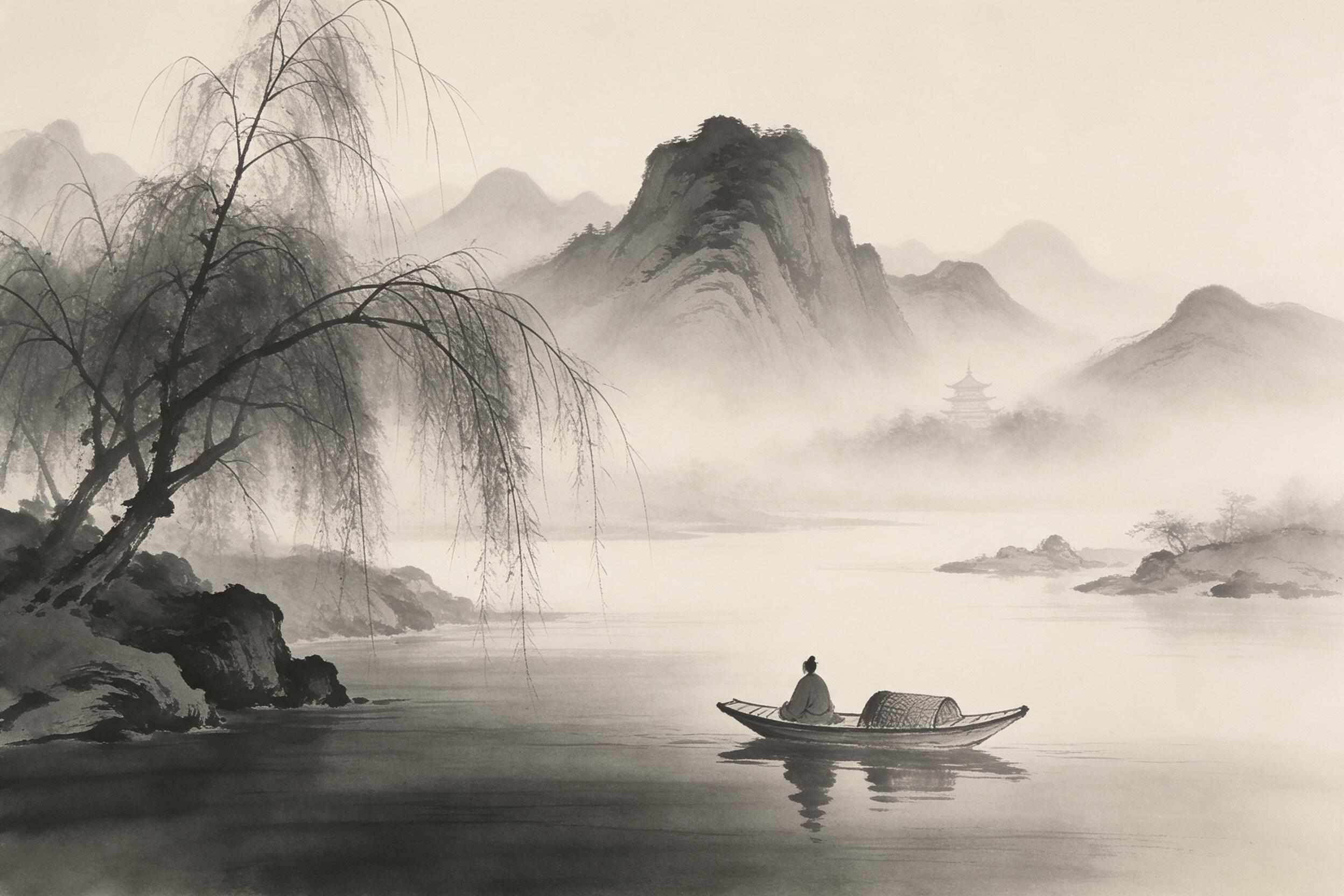 A lone scholar in a small wooden boat drifts across a misty river, surrounded by layered ink-wash mountains fading into pale fog. Willow branches sweep near the water's edge, a distant pagoda barely visible. Monochromatic black and gray brushstrokes, wet-on-wet technique, soft natural light filterin