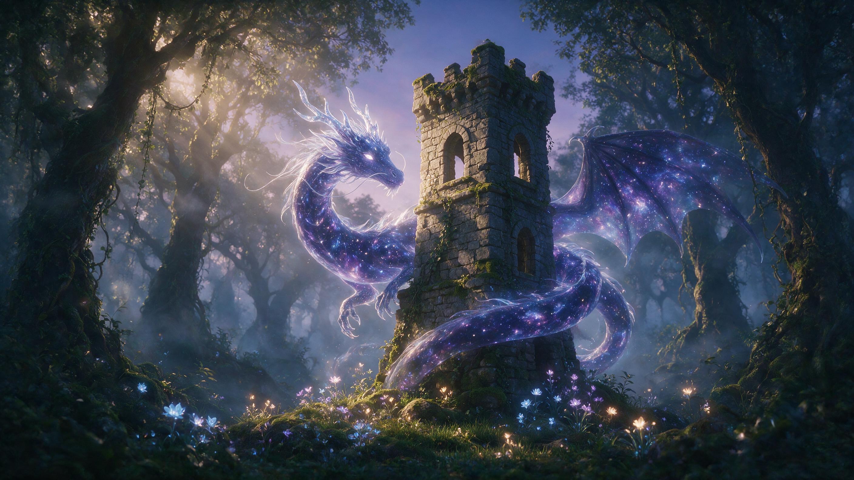 A glowing, translucent dragon made of starlight coils around a crumbling stone tower in a misty forest, bioluminescent flowers scattered at its base, soft twilight filtering through the canopy, slight lens flare, ethereal atmosphere