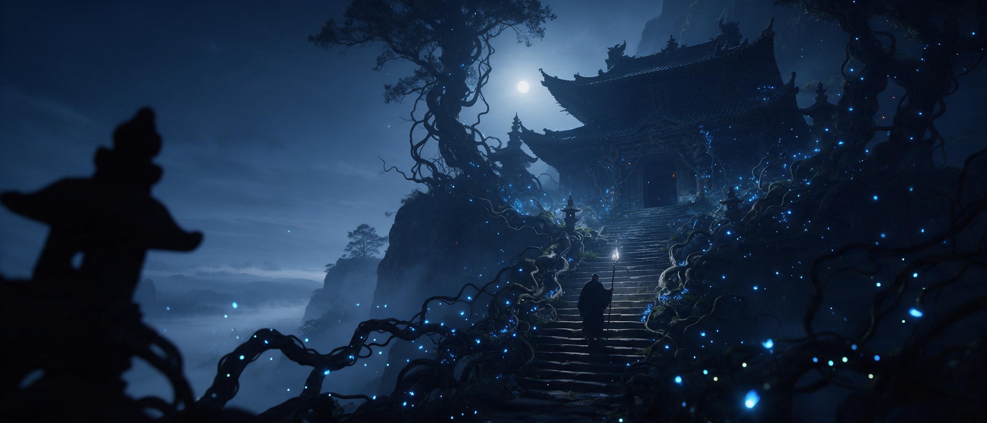A moonlit ancient temple perched on a misty cliff, ethereal blue fireflies weaving through twisted vines, a lone robed figure with a glowing staff ascending stone steps, soft fog rolling over a distant valley, cool moonlight casting long shadows, cinematic composition with foreground silhouette and 