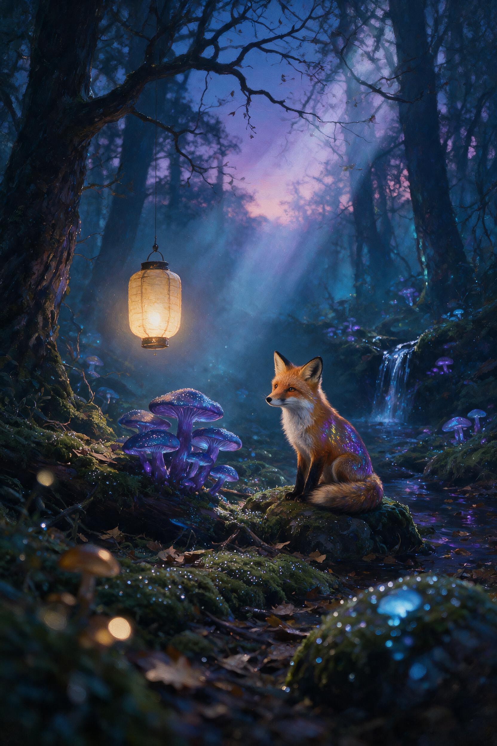 A misty twilight forest with ancient glowing mushrooms, a small fox with iridescent fur watching a floating lantern, soft blue and purple light rays filtering through leaves, dewdrops sparkling on moss, shallow depth of field, painterly texture.