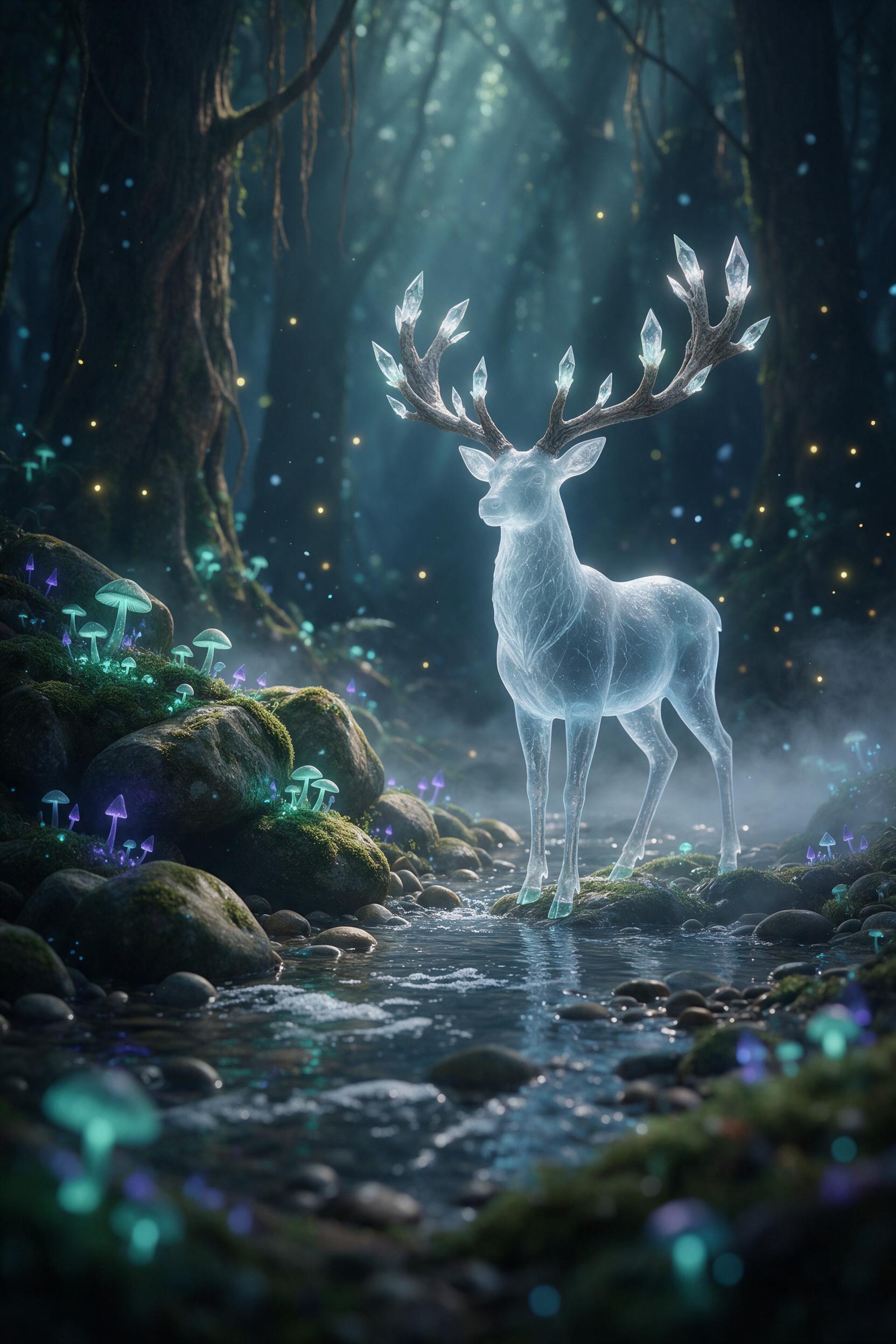An ancient forest where bioluminescent mushrooms cast soft teal and violet light on mossy stones, a translucent deer with antlers of glowing crystals stands near a misty stream, fireflies drift through the air, ethereal atmosphere, gentle volumetric rays through tall trees, shallow depth of field, w
