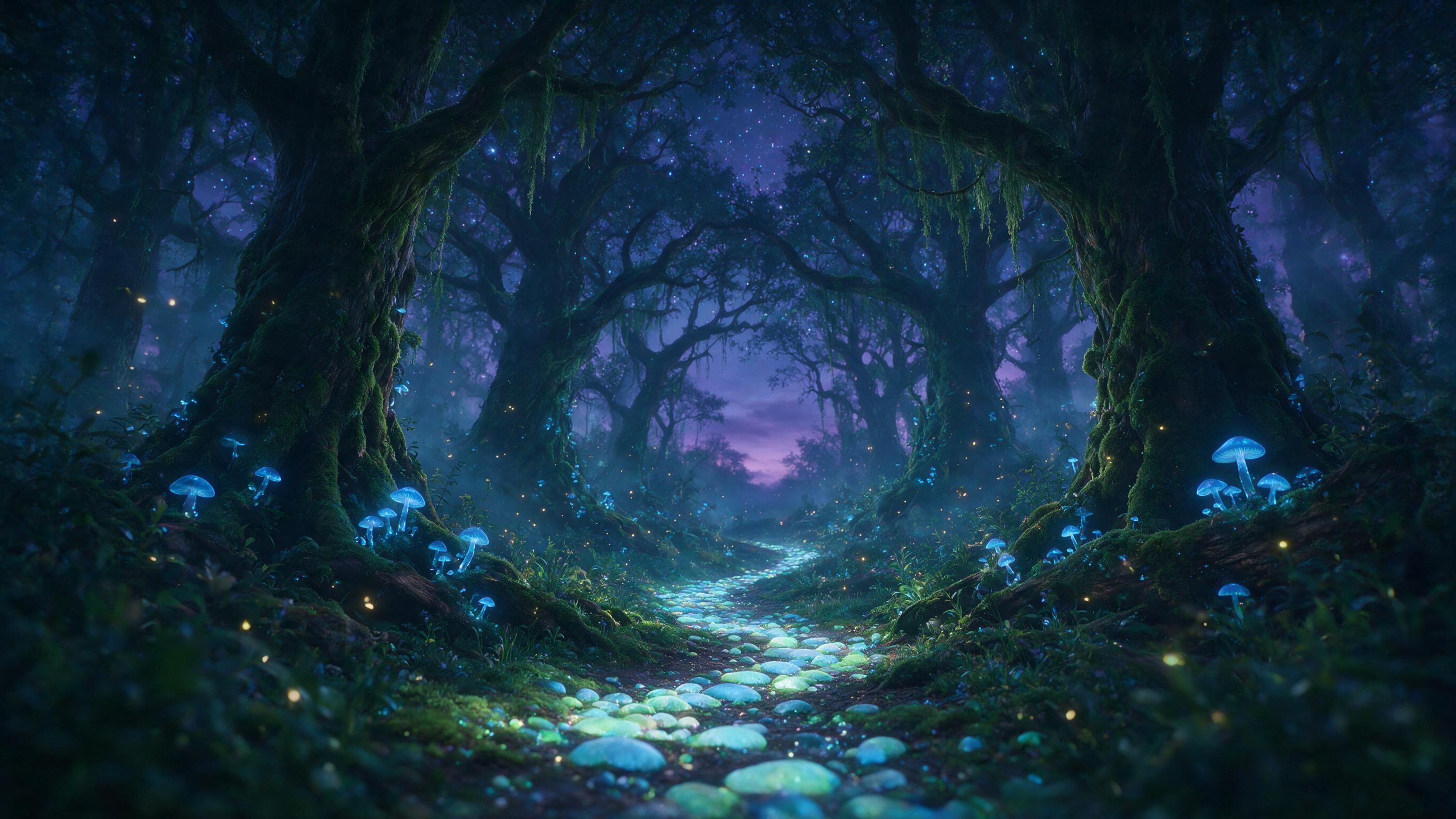 A misty enchanted forest at twilight, ancient trees with glowing blue mushrooms at their roots, a winding path of luminescent stones, soft fireflies floating in the air, deep purple and teal color palette, ethereal atmosphere, sharp focus on the path with slight foreground blur, cinematic lighting f
