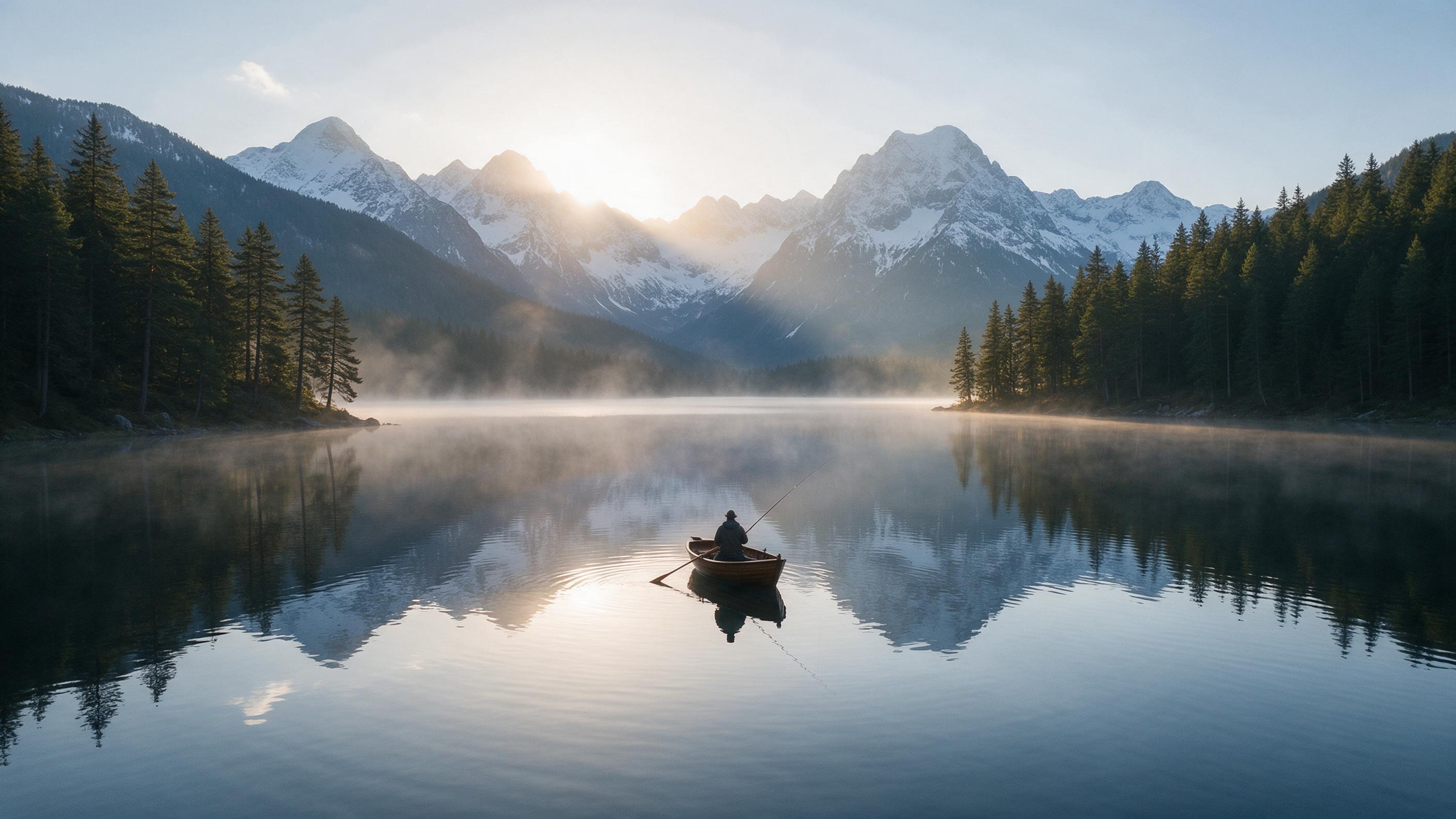 A serene alpine lake at dawn, mirroring snow-capped peaks, with a lone fisherman in a small wooden boat, soft golden light breaking over the ridge, mist rising from the water, pine forest framing the shore, composition with a leading line from the boat to the mountains, realistic texture of water an