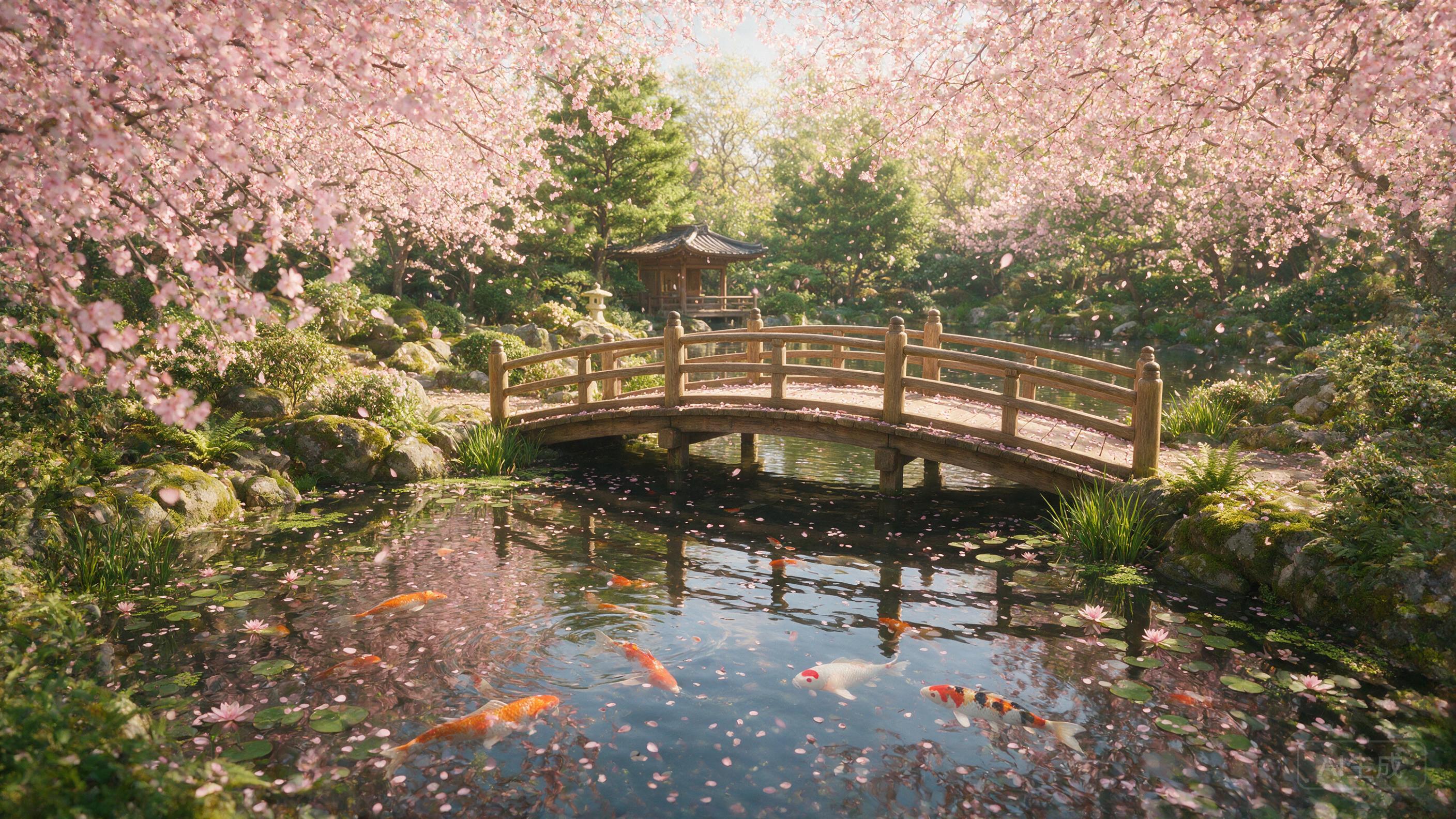Japanese garden in spring, cherry blossoms falling, koi fish in a pond, traditional wooden bridge, soft sunlight filtering through trees