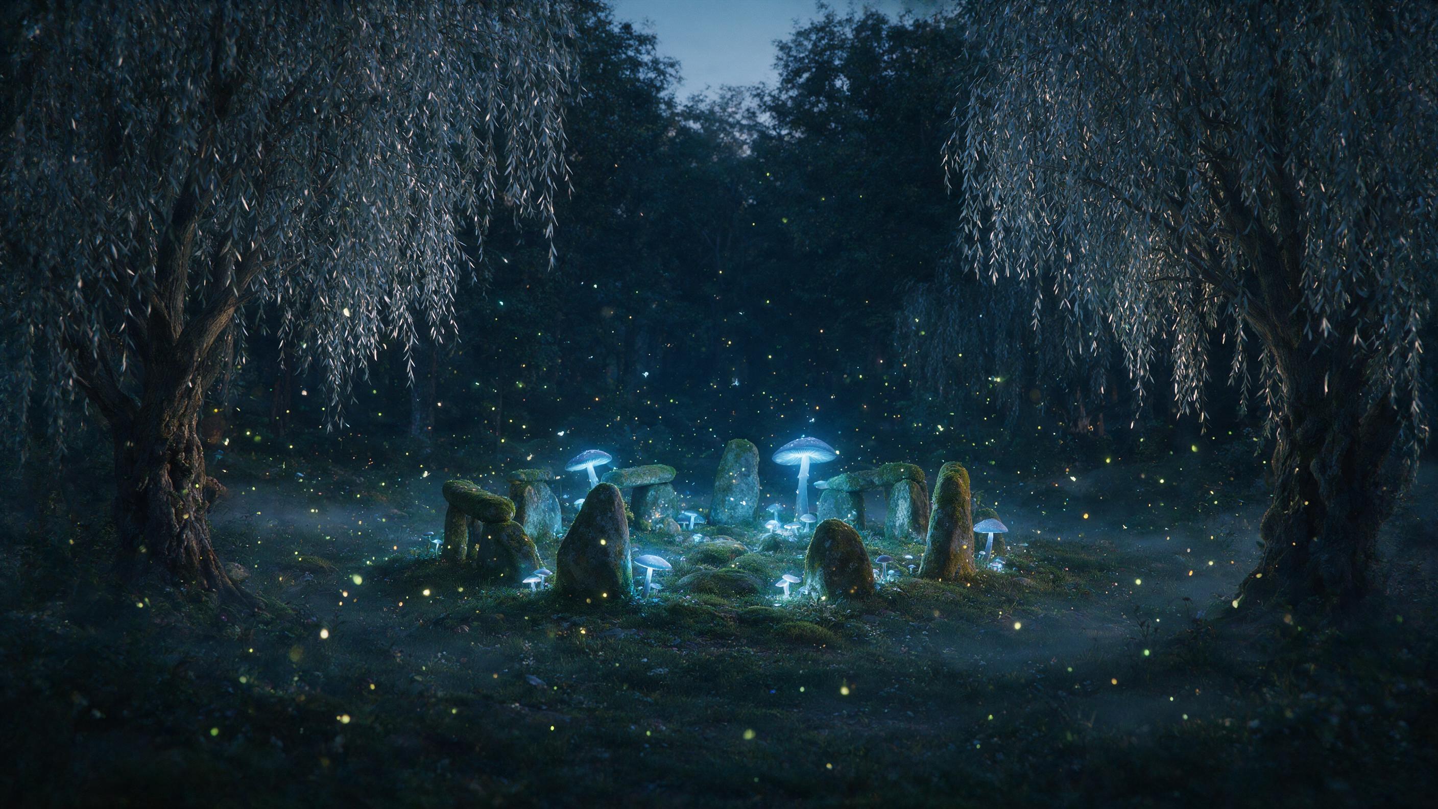 A mystical forest glade at twilight, with giant glowing mushrooms casting soft blue light onto a moss-covered stone circle. Ethereal fireflies dance in the air, while ancient willow trees with silver leaves frame the scene. Subtle mist hugs the ground, creating a dreamlike atmosphere.