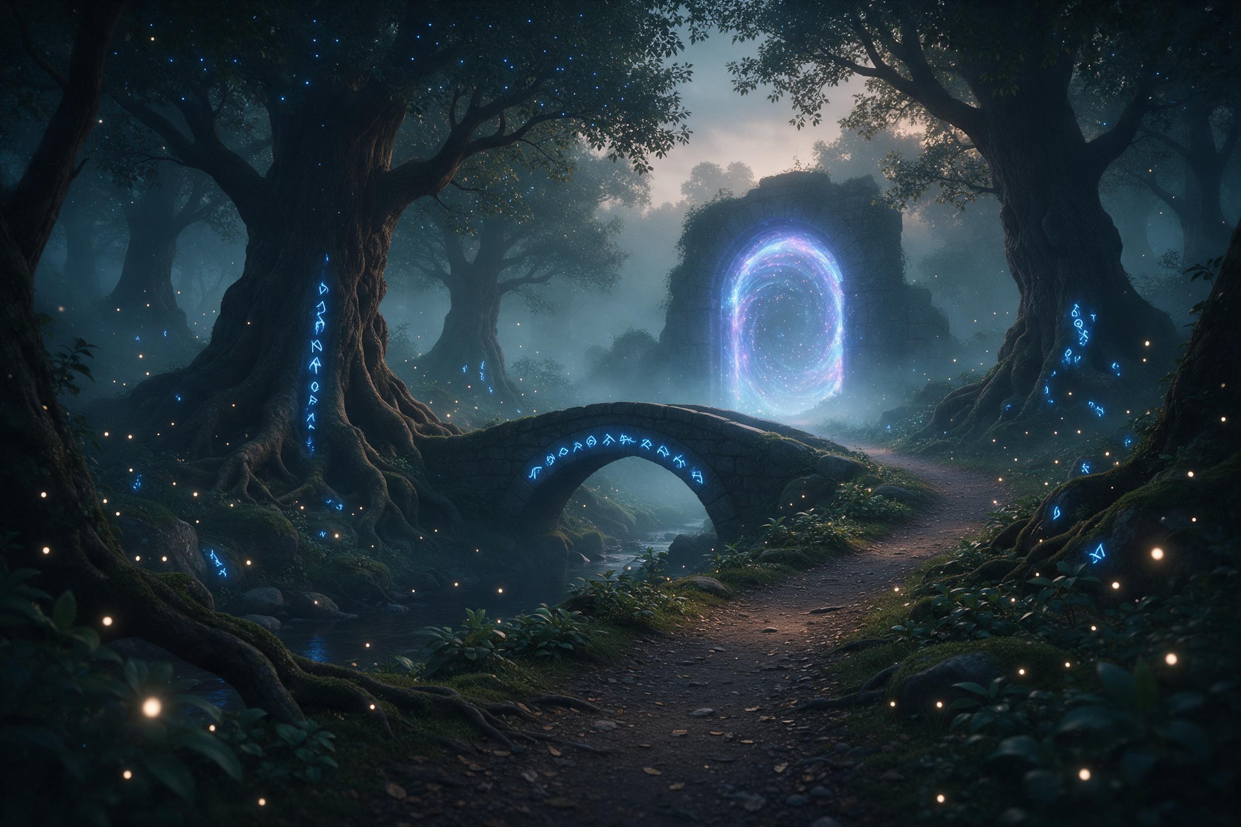 A misty enchanted forest at twilight, ancient trees with glowing blue runes, a winding path leading to a luminous portal, fireflies drifting, soft fog, ethereal atmosphere, serene and magical