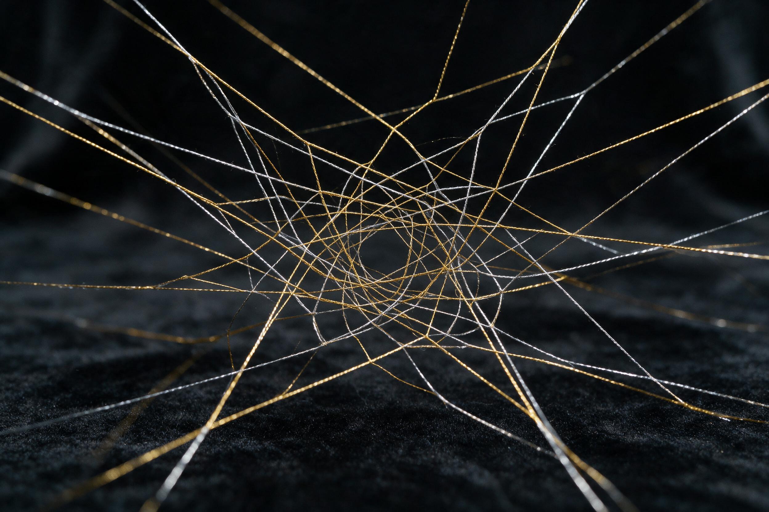 A close-up of intertwined golden and silver threads forming a complex geometric web on a dark velvet background, soft diffused studio lighting, shallow depth of field with a slight blur at the edges, minimalistic composition, textural contrast between smooth fibers and rough fabric, no text or water