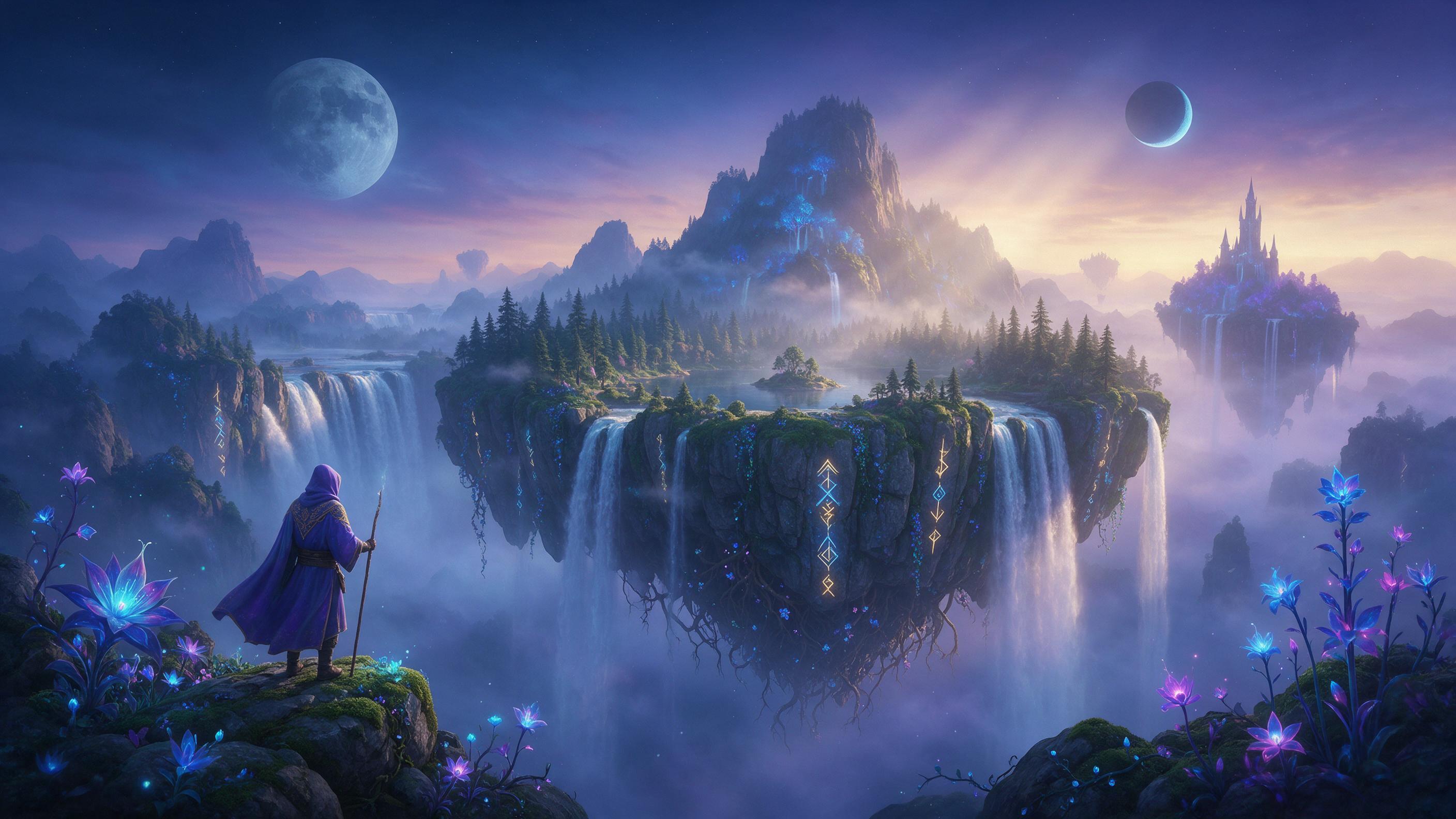 An ethereal floating island with cascading waterfalls falling into a misty abyss, ancient glowing runes along the rocky edges, twilight sky with two moons, bioluminescent vines and flowers, a lone cloaked figure standing on a mossy outcrop, soft volumetric light rays, atmospheric perspective
