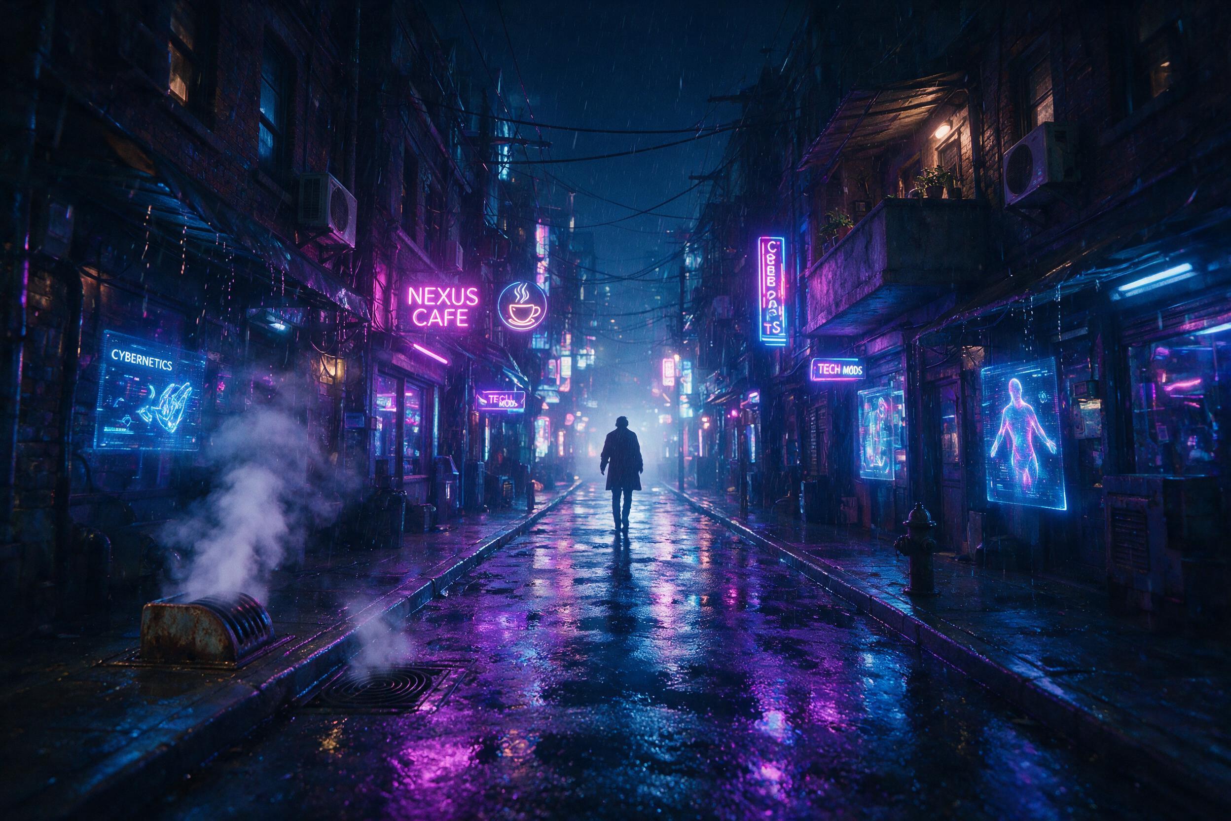 A neon-lit cyberpunk alleyway at night, rain-slicked asphalt reflecting purple and blue holographic signs, steam rising from a rusty vent, a lone figure in a trench coat walking away, shallow depth of field, motion blur on dripping water, high contrast lighting