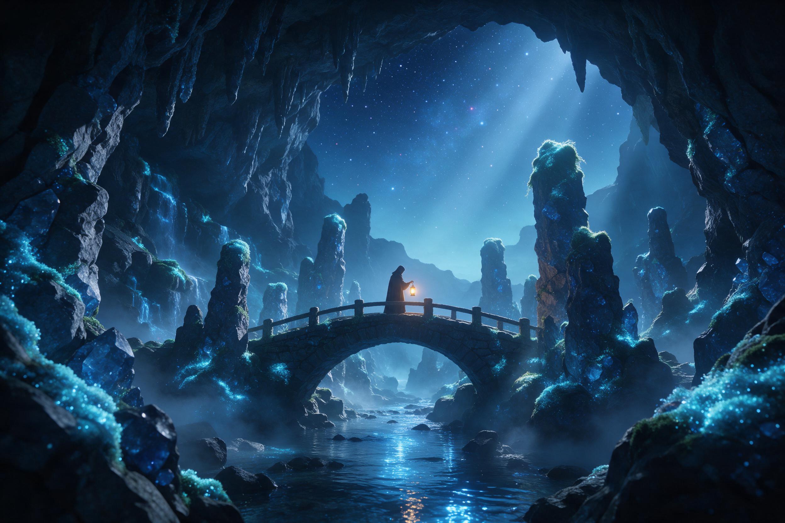 A luminous crystal cavern beneath a starry night sky, glowing bioluminescent moss drapes over jagged pillars, a small stream reflects soft blue light, ethereal mist drifts, lone figure with lantern stands on a stone bridge, cinematic wide angle, gentle god rays from above