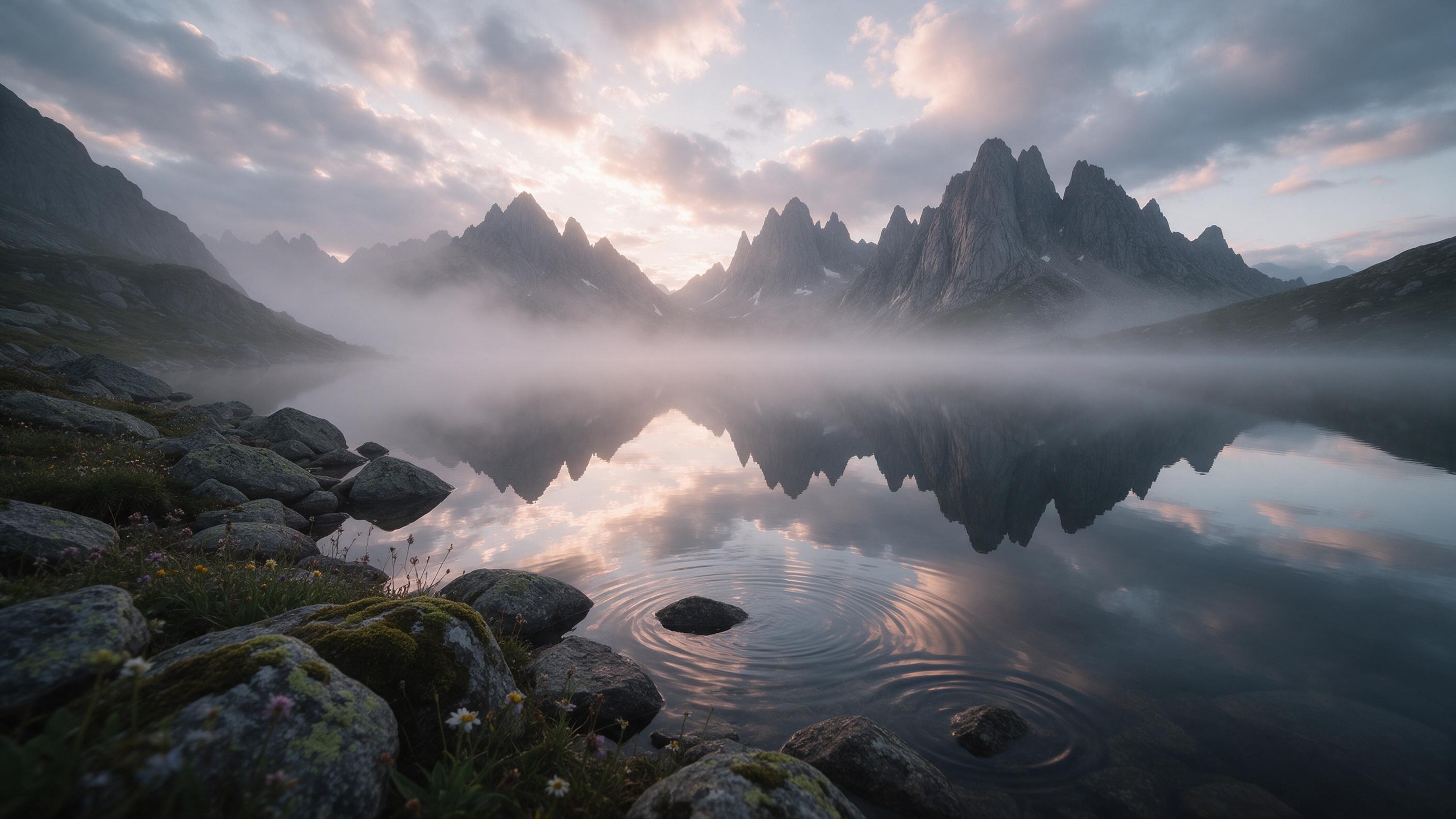 A misty alpine lake at dawn, mirror-calm surface reflecting jagged granite peaks, soft pink and gold light breaking through scattered clouds, foreground of moss-covered rocks and wildflowers, gentle ripples near the shore, muted color palette, wide-angle composition with leading lines from the rocky
