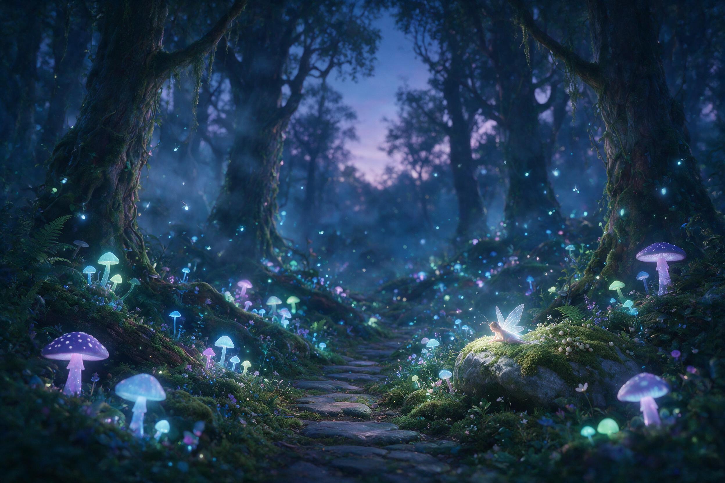 A luminous forest at twilight where glowing mushrooms and floating fireflies light the path, a delicate fairy with translucent wings rests on a mossy stone, soft mist drifts through ancient trees, ethereal blue and purple tones, gentle bokeh in the background.