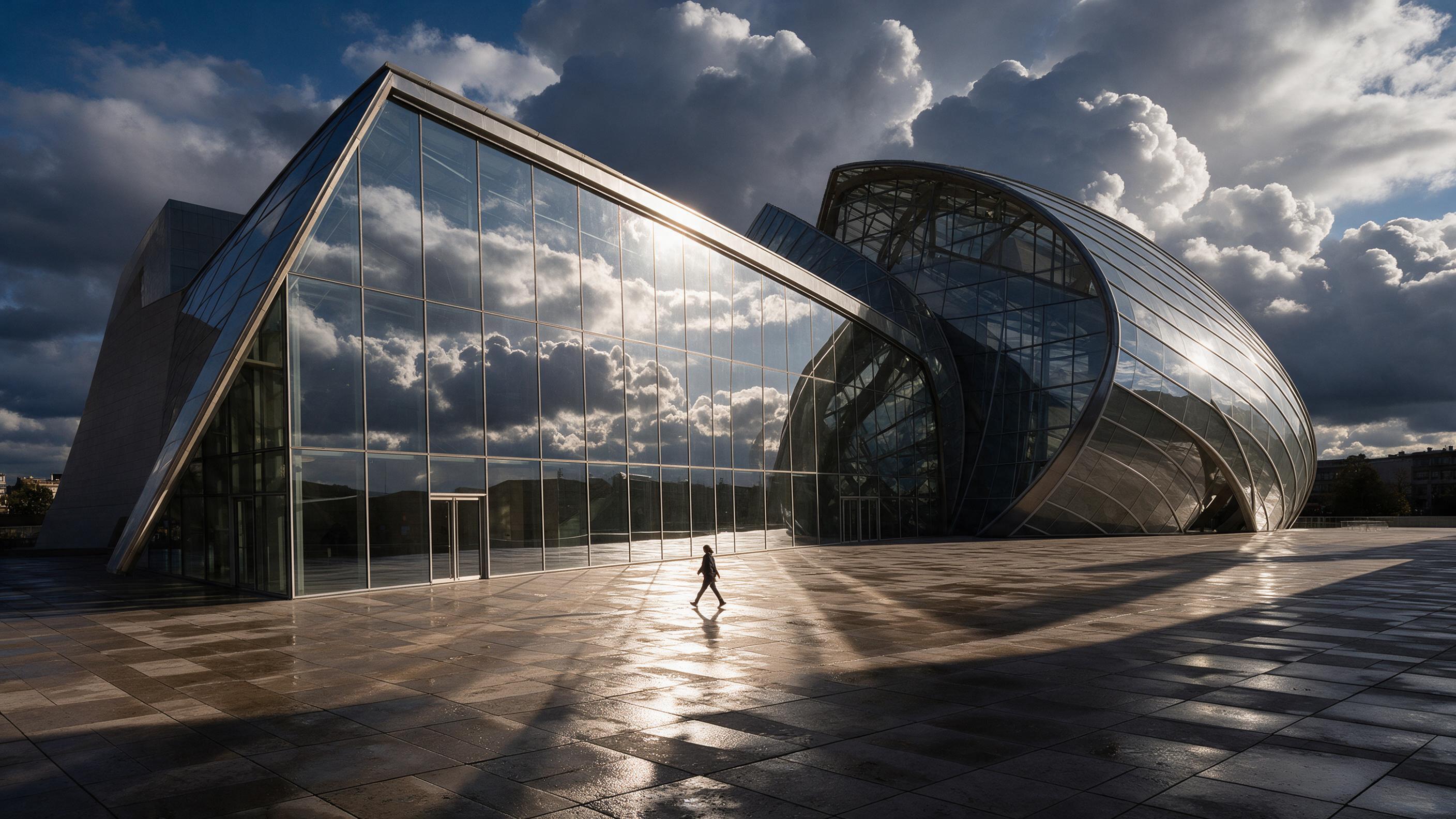Sunlight rakes across the sharp glass and steel curves of a modern museum façade, its reflective panels mirroring a dramatic cumulus sky. A lone pedestrian crosses the vast, wet stone plaza, leaving a faint shimmering trail. Strong geometric shadows stretch eastward, emphasizing the building's dynam