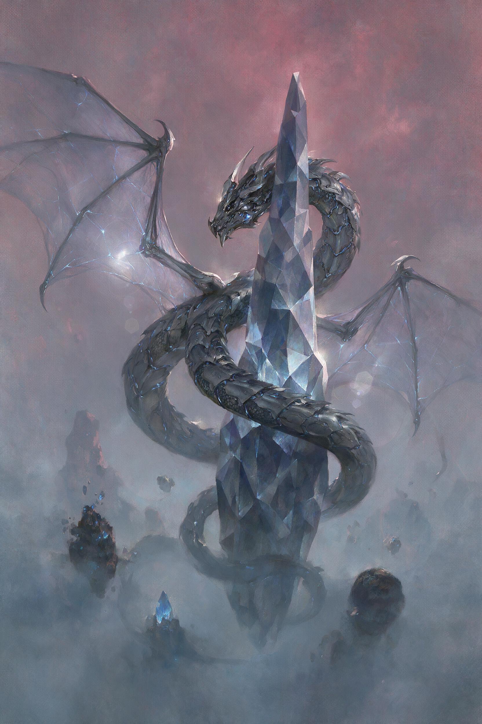 A biomechanical dragon with translucent wings and glowing blue veins coiled around a floating crystal spire under a magenta sky, soft mist and subtle lens flare, painterly style with muted colors.
