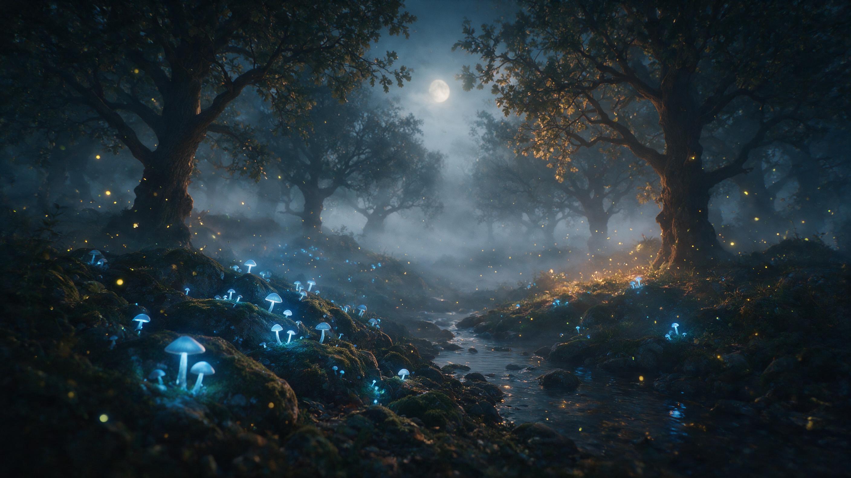 A moonlit forest glade with bioluminescent mushrooms casting soft blue light, a gentle stream winding through mossy rocks, dense fog rolling between ancient oak trees, fireflies dancing in the air, ethereal atmosphere, soft focus, warm amber tones against cool blues, cinematic composition.