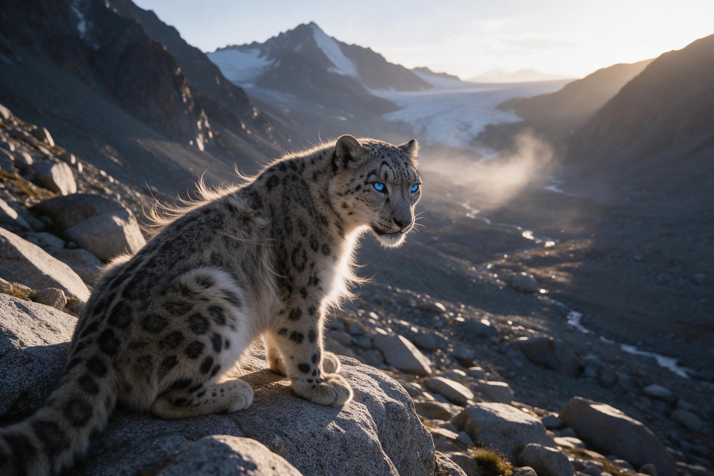 A solitary snow leopard perched on a granite outcrop at dawn, its thick fur rippling in the cold wind, piercing blue eyes scanning the alpine valley below. Soft golden light casts long shadows across the rocky terrain, with a faint mist rising from a distant glacier. Slight telephoto compression fla
