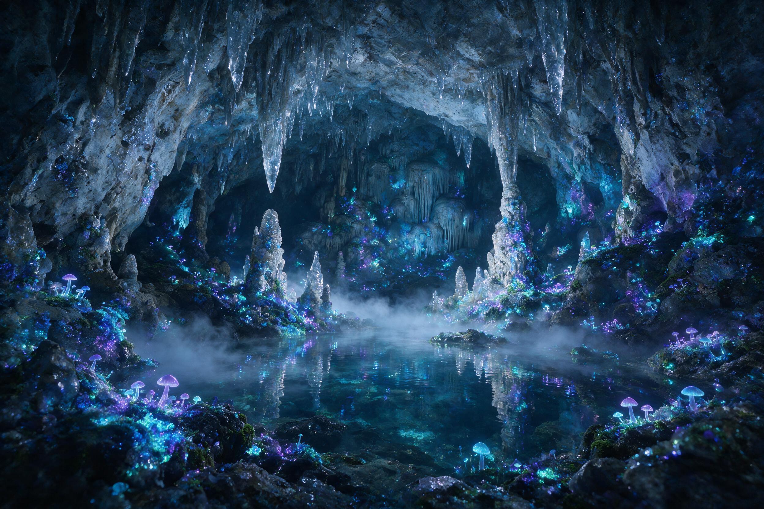 A luminous crystal cave deep underground, bioluminescent moss and fungi casting soft blue and violet light on stalactites, a small pool of clear water reflecting the glow, mist swirling low, magical atmosphere, soft diffused lighting, wide angle composition