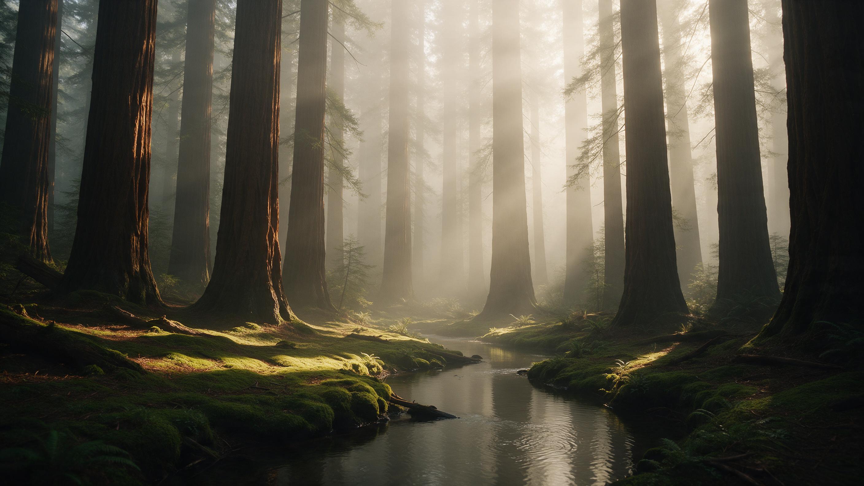 Golden light filters through dense mist in a redwood forest, tall trunks receding into fog, soft sunbeams casting long shadows on mossy ground, a tranquil creek winding with gentle ripples, atmosphere of quiet and awe, natural color palette.