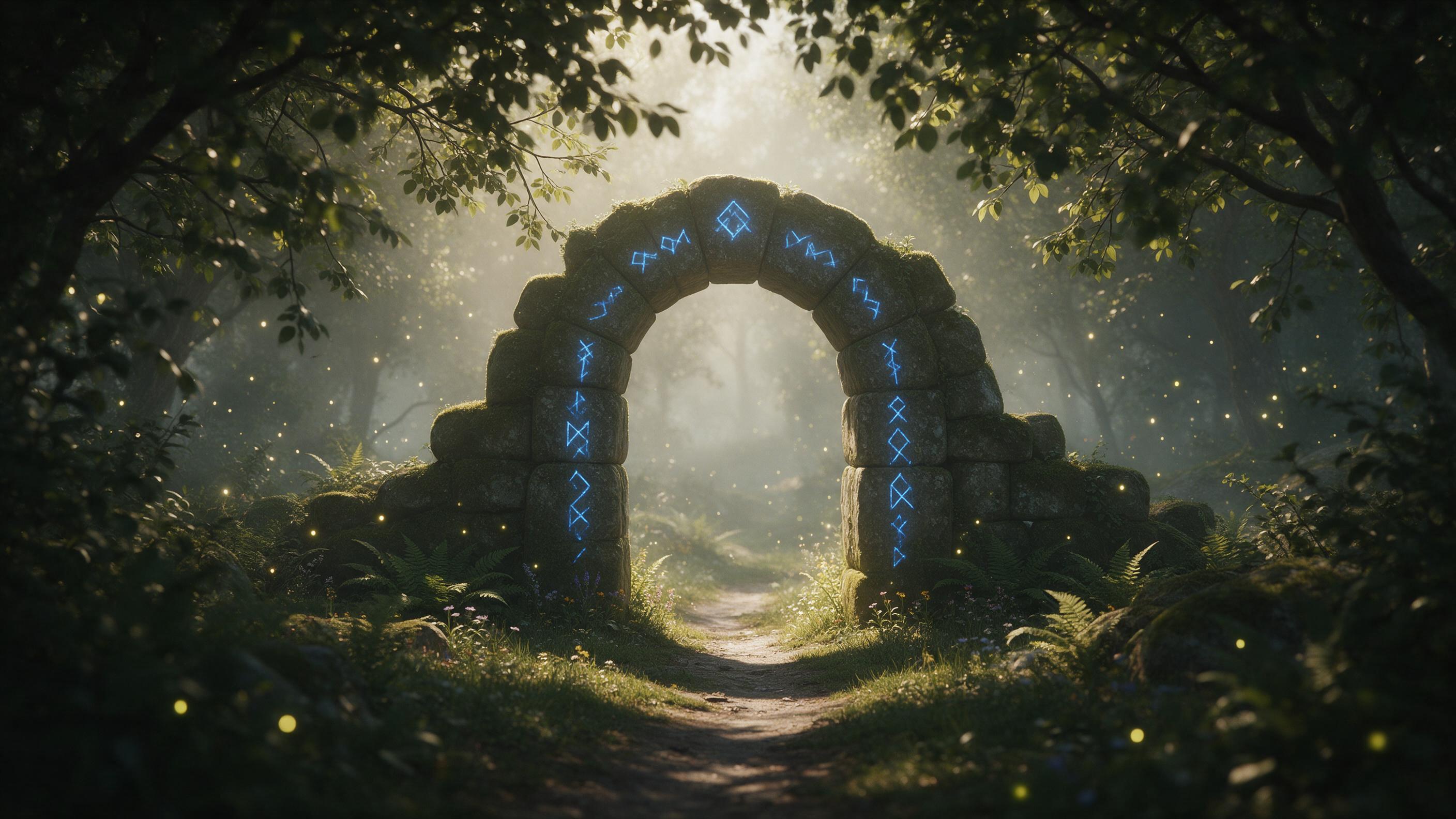 An ancient moss-covered stone archway in a misty forest, glowing blue runes on the stones, soft golden sunlight filtering through fog, fireflies floating, ferns and wildflowers at the base, a narrow winding path leading through, cinematic composition with foreground framing, atmospheric depth, natur