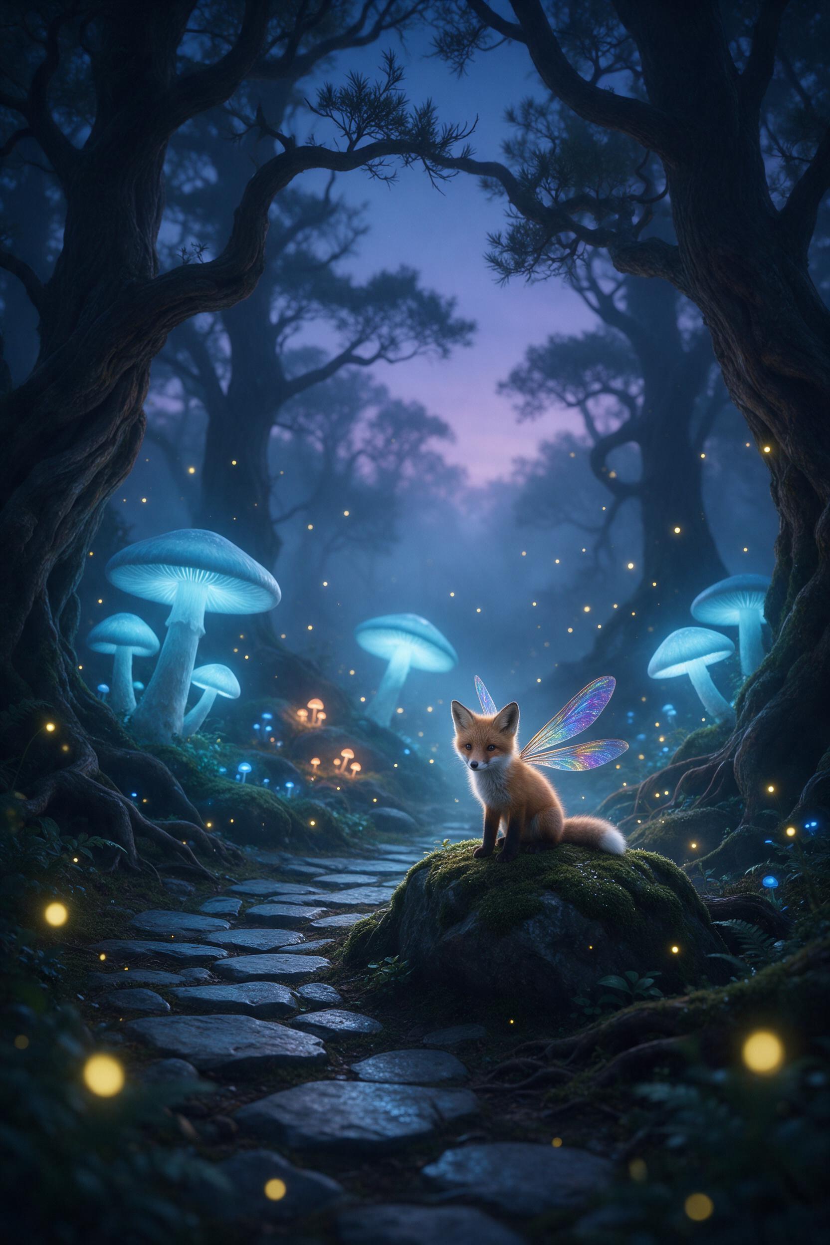 A misty forest clearing at twilight, where giant glowing mushrooms cast soft blue light on a winding stone path. A tiny fox with iridescent wings sits on a mossy rock, peering curiously. Fireflies drift between ancient, twisted trees. Soft volumetric light, shallow depth of field, ethereal atmospher