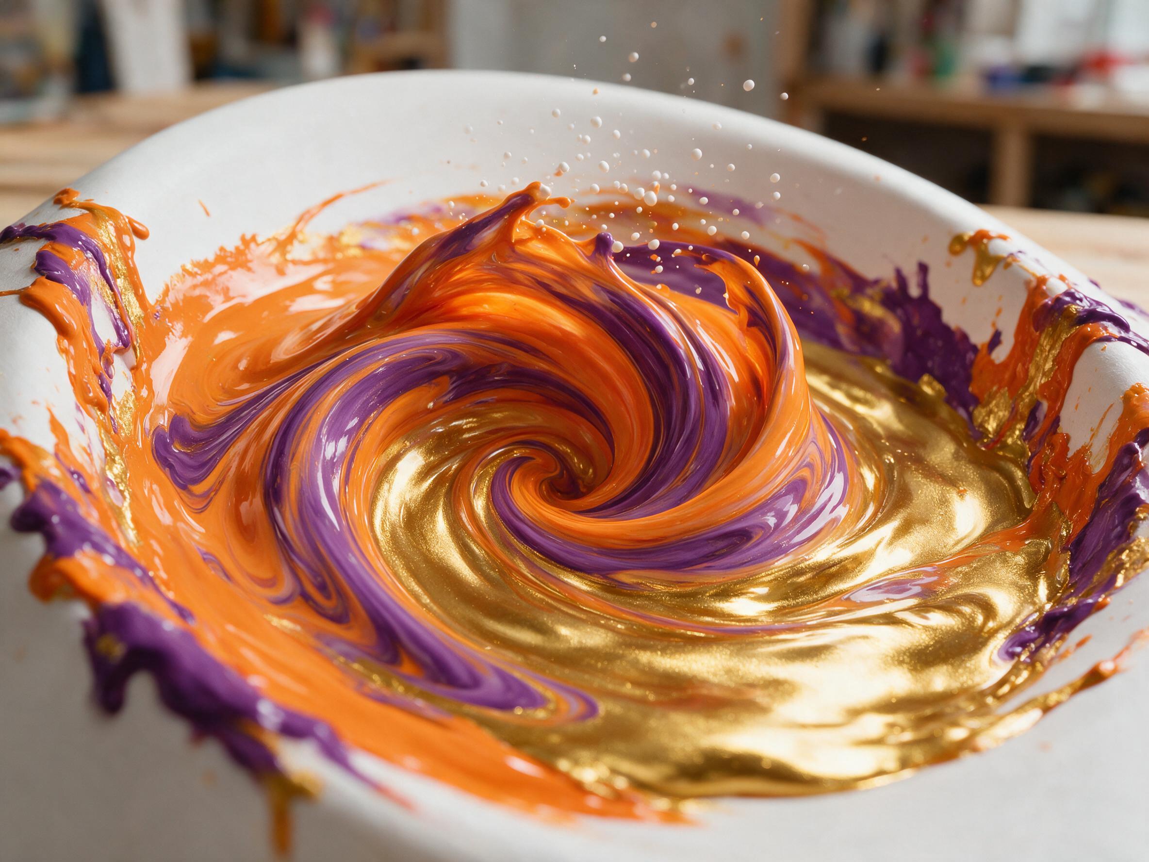 A swirling vortex of vibrant orange and deep purple liquid paint, blending into a pool of reflective gold, with delicate white droplets suspended mid-air, illuminated by a soft, diffused overhead light, creating a sense of motion and fluidity, minimal composition, sharp focus on the central swirl.