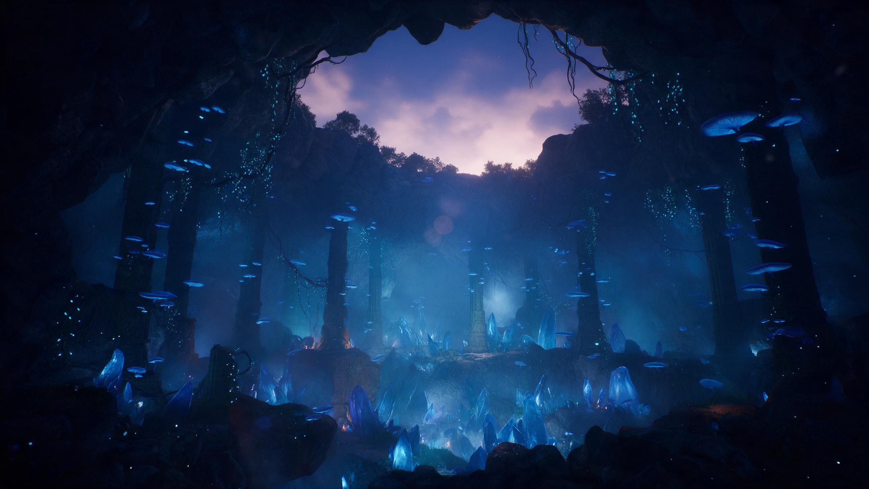 A glowing crystal cavern beneath a twilight sky, floating blue mushrooms and bioluminescent vines on ancient stone pillars, a faint mist weaving through the air, soft ethereal light from above, deep shadows in the corners, wide-angle composition emphasizing the vast cavern, subtle lens flare, myster