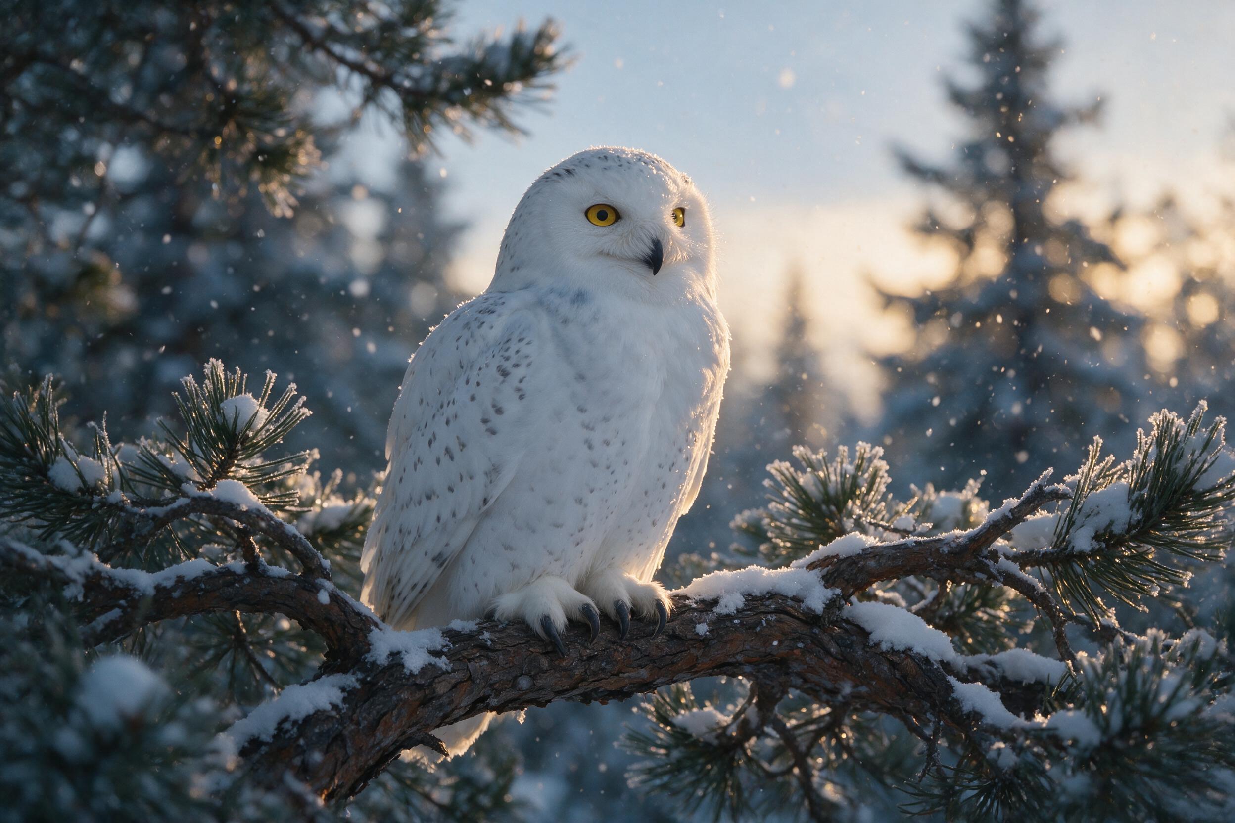 A majestic snowy owl perched on a gnarled pine branch at twilight, soft golden hour light filtering through falling snow, blurred forest background, shallow depth of field, natural grain, feathers textured with frost