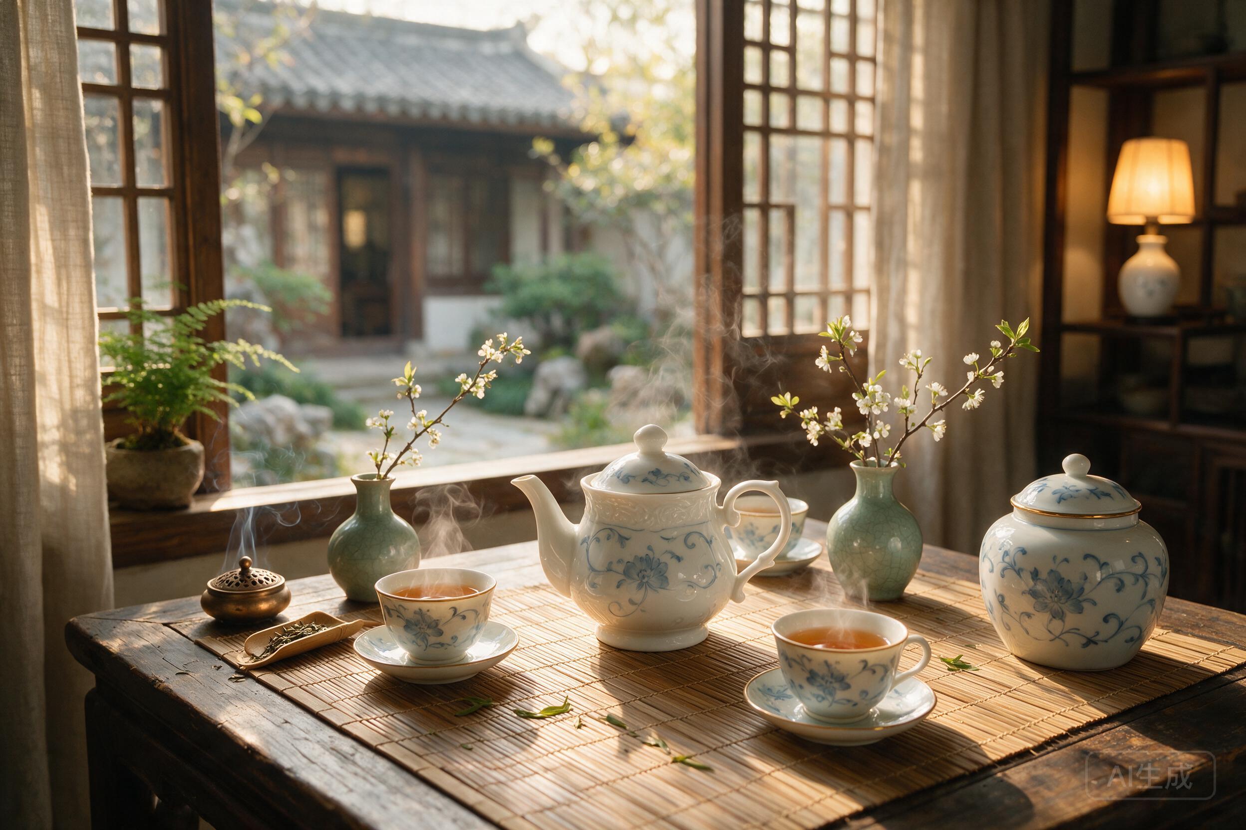 A traditional Chinese tea ceremony, delicate porcelain teaware, steam rising, bamboo mat, warm ambient lighting