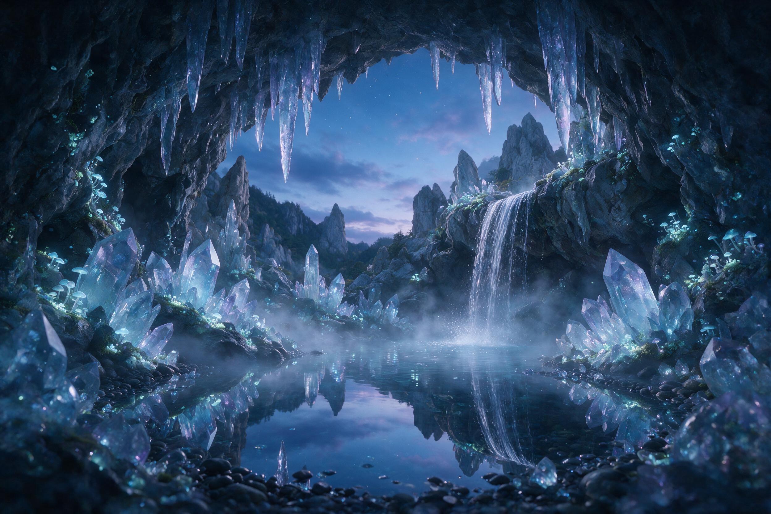 A luminous crystal cave at twilight, glowing moss and bioluminescent fungi line the walls, a small waterfall cascades into a reflective pool, soft mist rises, cool blue and violet tones, wide-angle lens with gentle depth of field.