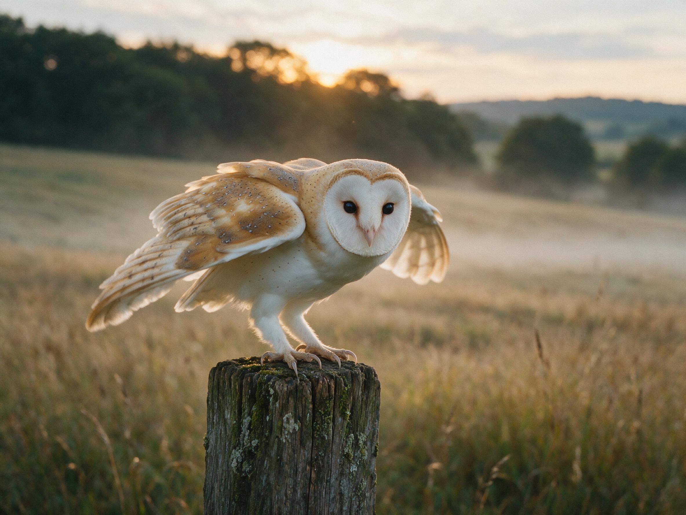 A barn owl perched on a weathered wooden fence post at twilight, wings half-spread, soft golden light from a low sun filtering through misty fields, subtle bokeh in background, slight grain texture, natural composition, sharp focus on the owl's face and eyes, no artificial elements