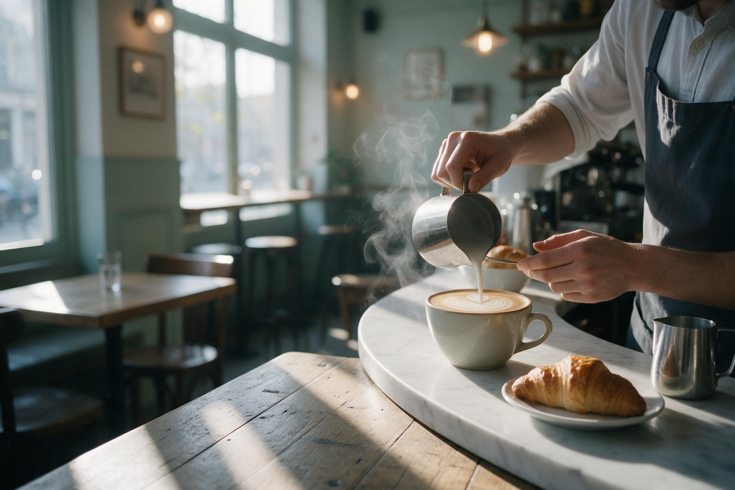 Cozy Parisian café interior at dawn, soft morning light through large windows casting long shadows on worn wooden tables, a barista pouring latte art in a ceramic cup, steam rising, fresh croissants on a marble counter, muted pastel tones with a slight film grain, shallow depth of field focusing on 